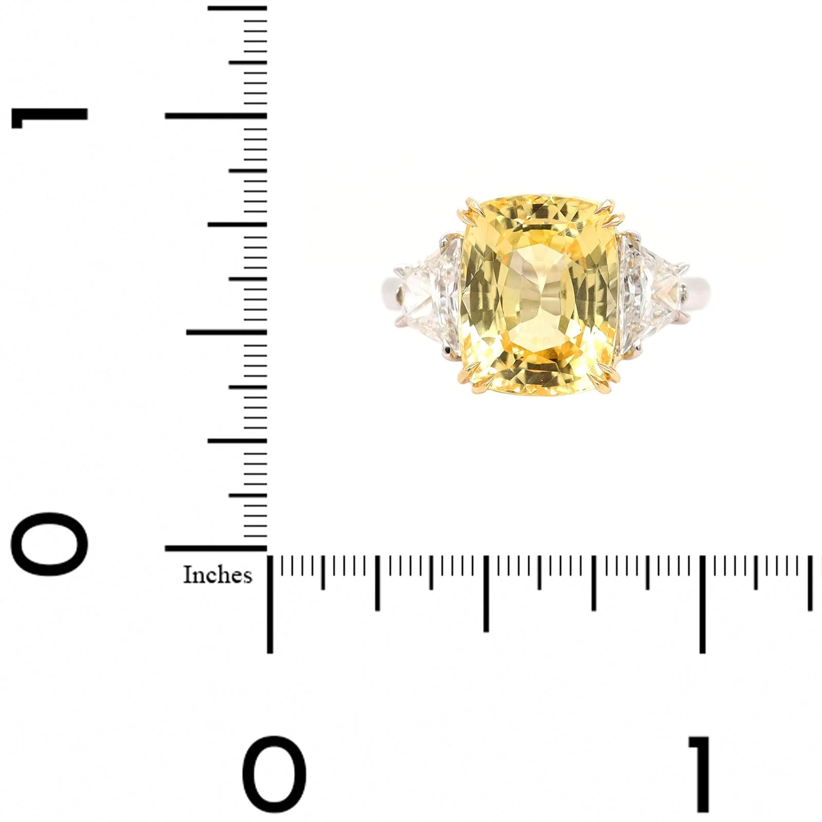 Platinum and 18K Yellow Gold 3 Stone Cushion Cut Yellow Sapphire and Diamond Ring - Image 4
