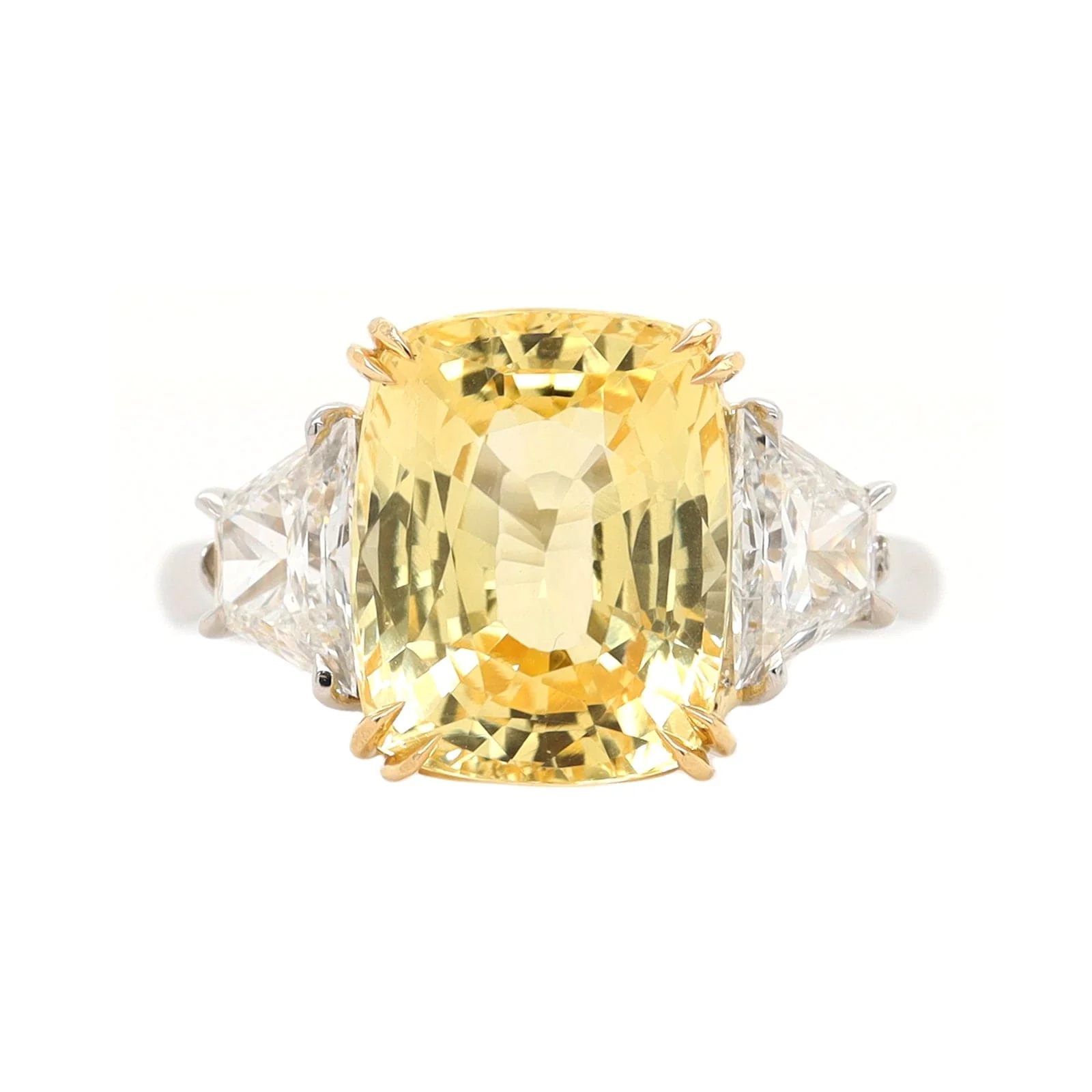 Platinum and 18K Yellow Gold 3 Stone Cushion Cut Yellow Sapphire and Diamond Ring - Image 5