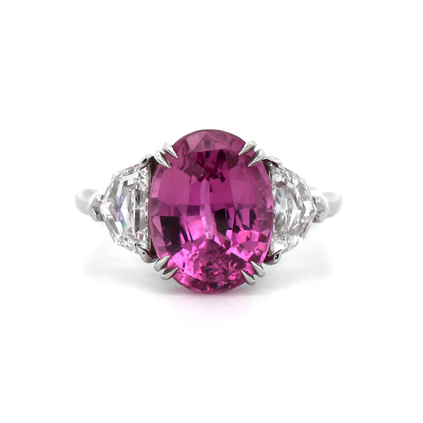 Platinum 3 Stone Oval Pink Sapphire and Diamond Ring