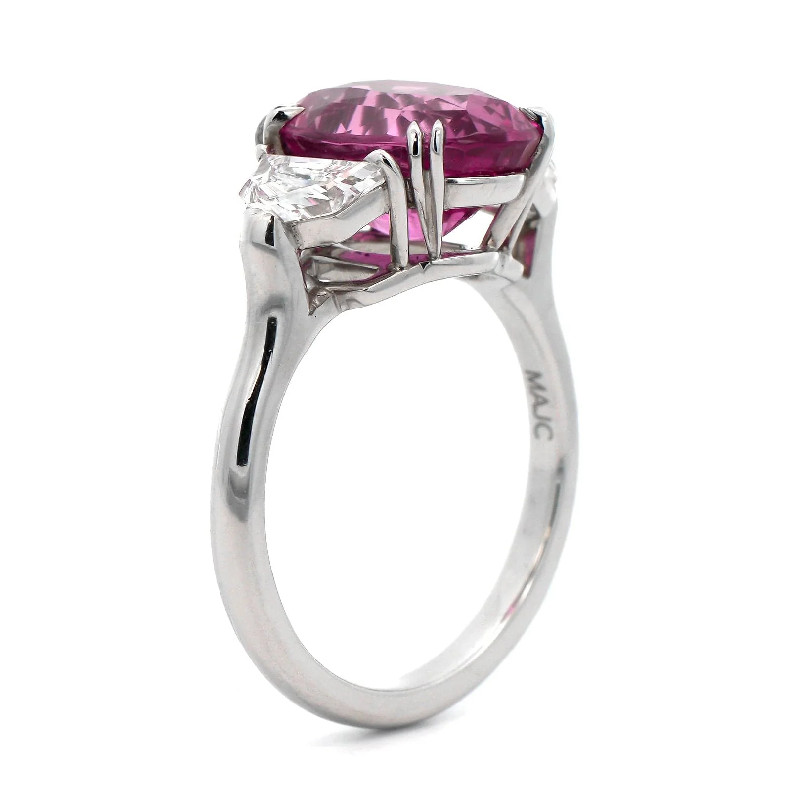 Platinum 3 Stone Oval Pink Sapphire and Diamond Ring - Image 2