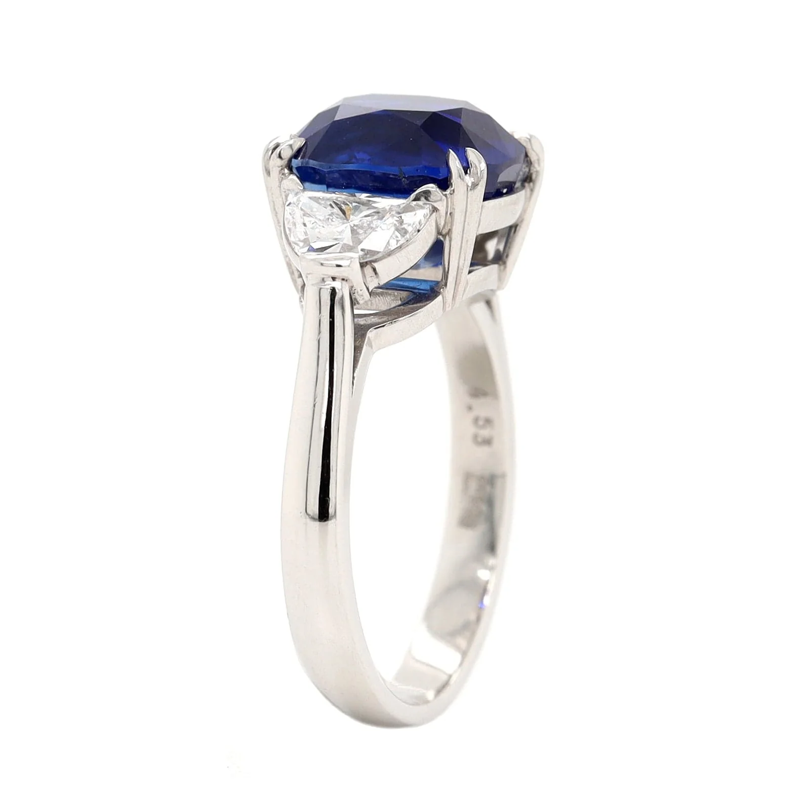 Platinum Cushion Cut Sapphire and Diamond Three Stone Ring - Image 2