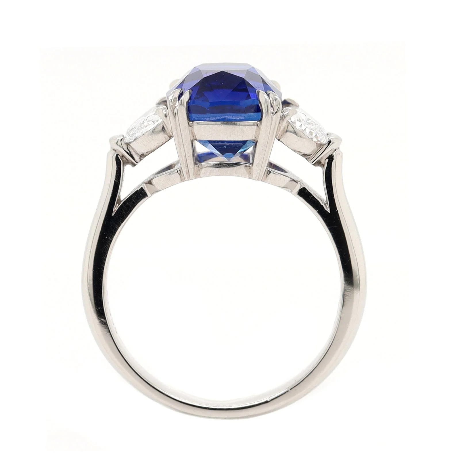 Platinum Cushion Cut Sapphire and Diamond Three Stone Ring - Image 3