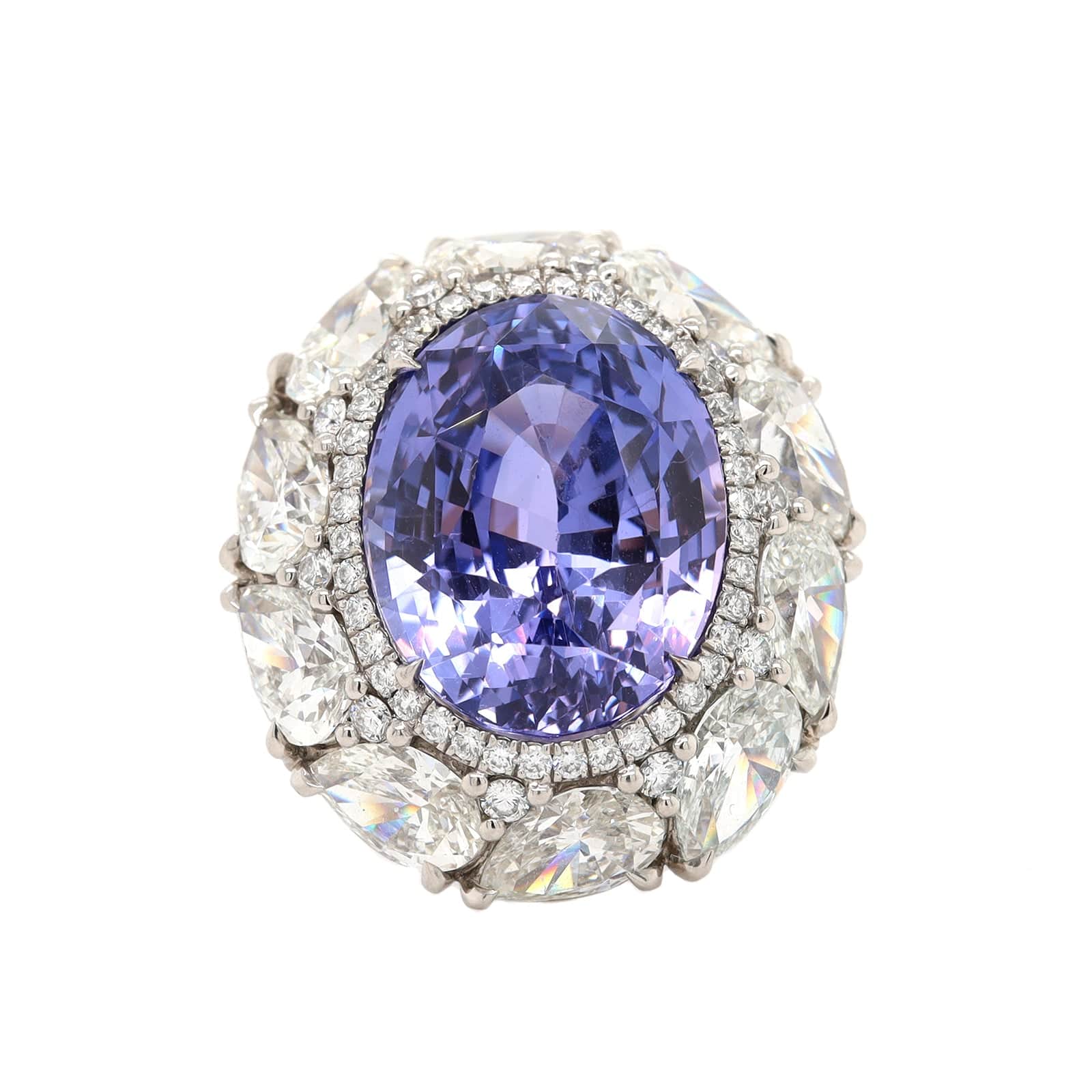 Platinum Oval Lavender Sapphire and Diamond Halo Ring