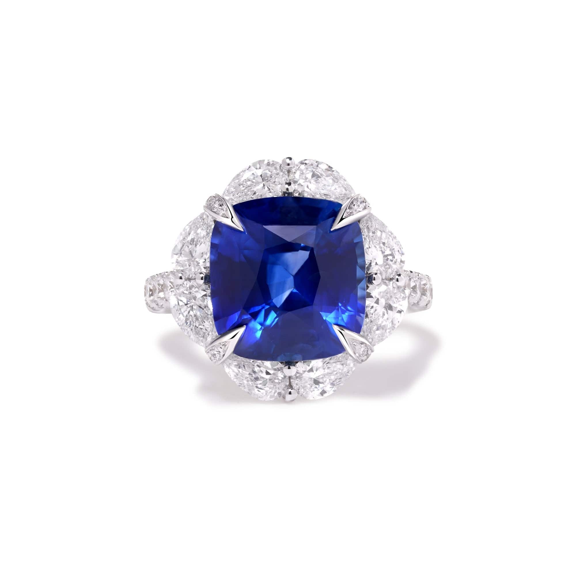 18K White Gold Cushion Cut Blue Sapphire and Diamond Ring