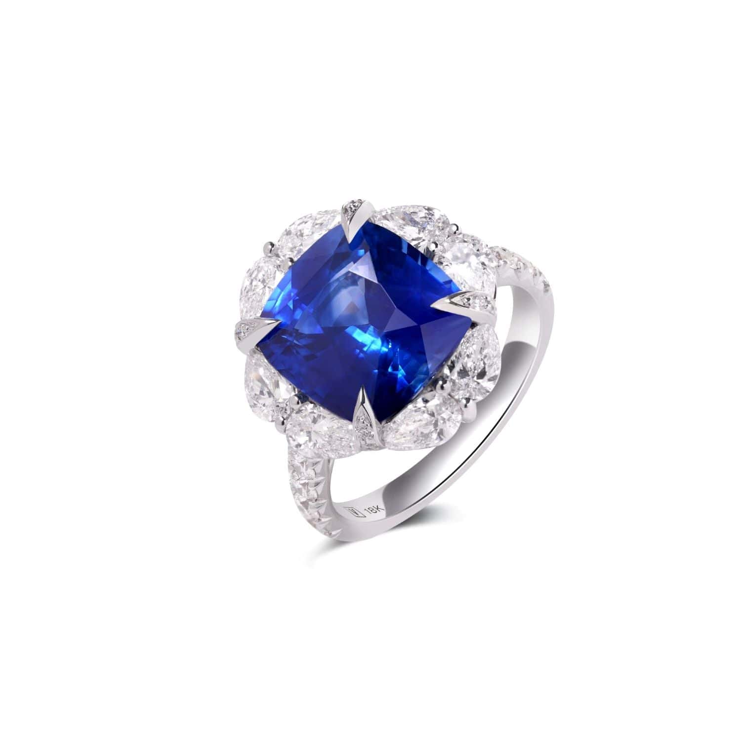 18K White Gold Cushion Cut Blue Sapphire and Diamond Ring - Image 2