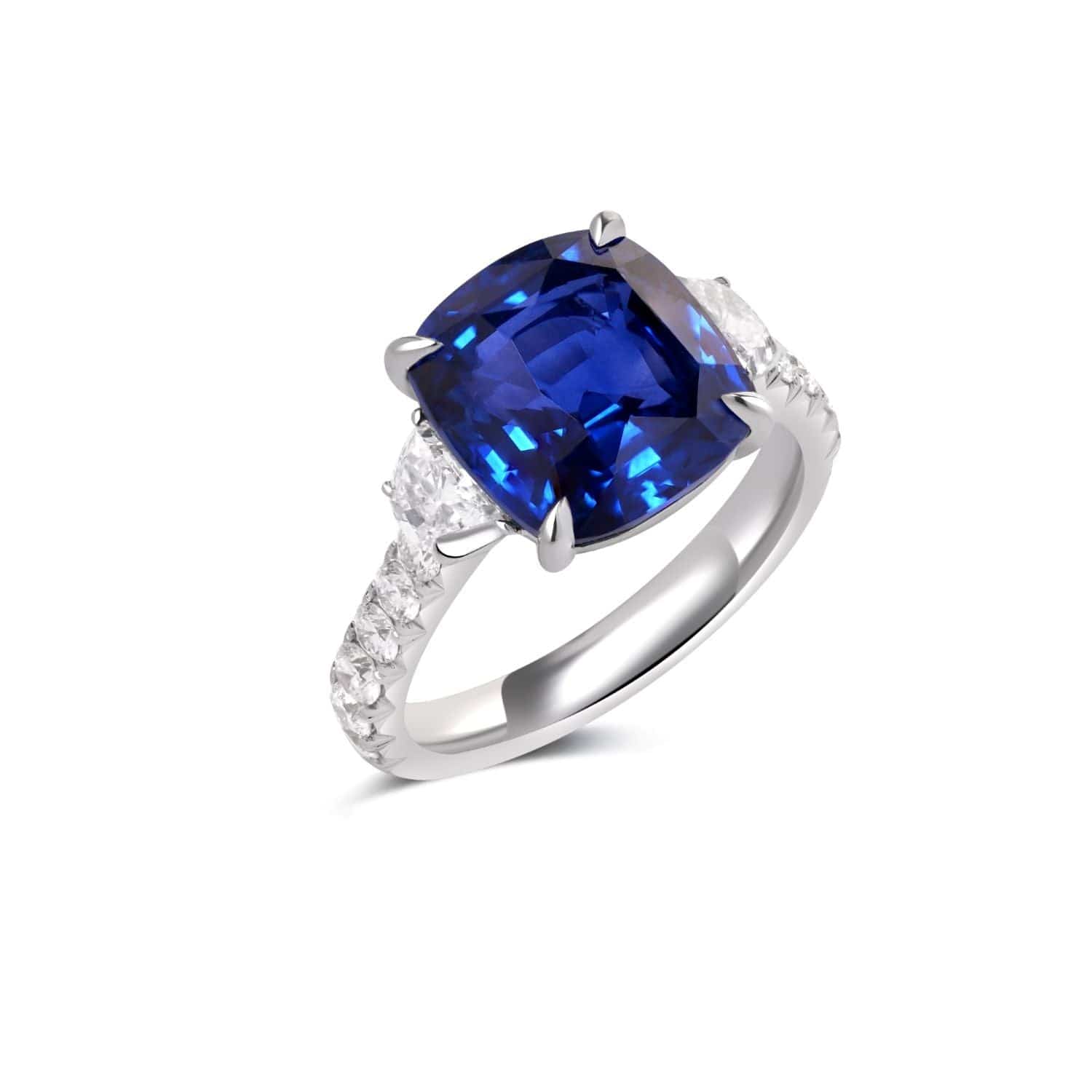 18K White Gold Cushion Cut Blue Sapphire and Diamond Three Stone Ring - Image 2