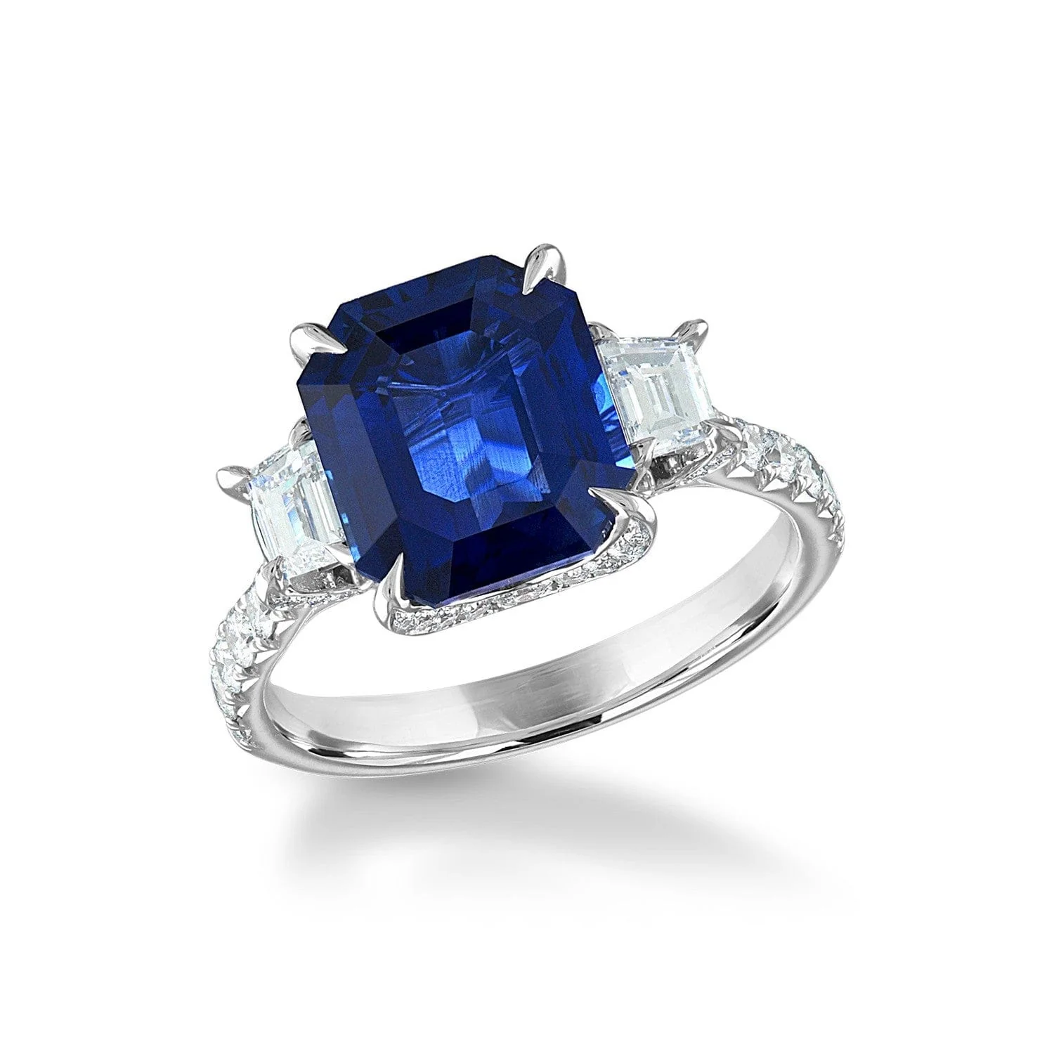 18K White Gold Square Cut Blue Sapphire and Diamond Three Stone Ring