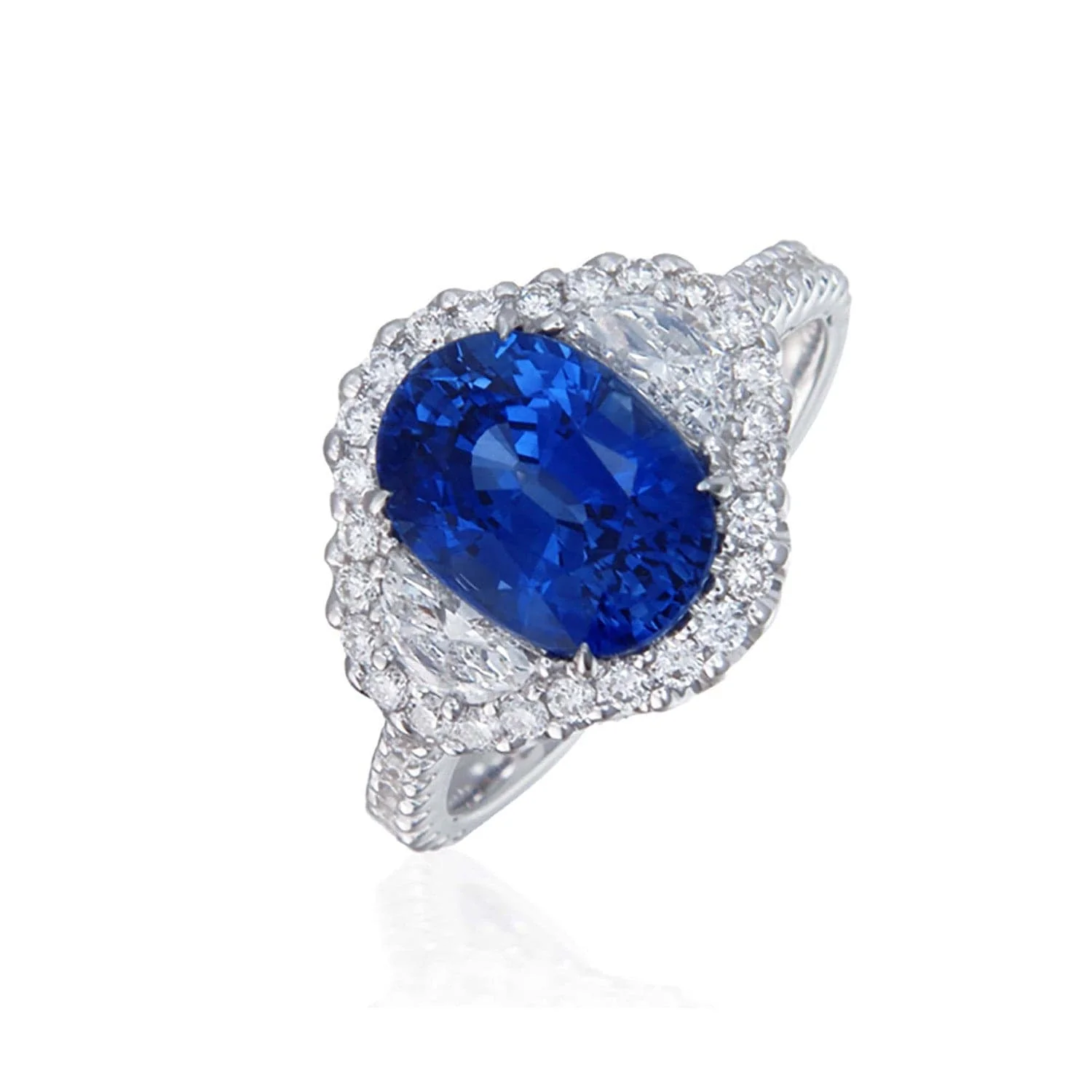 18K White Gold Oval Blue Sapphire and Diamond Three Stone Ring