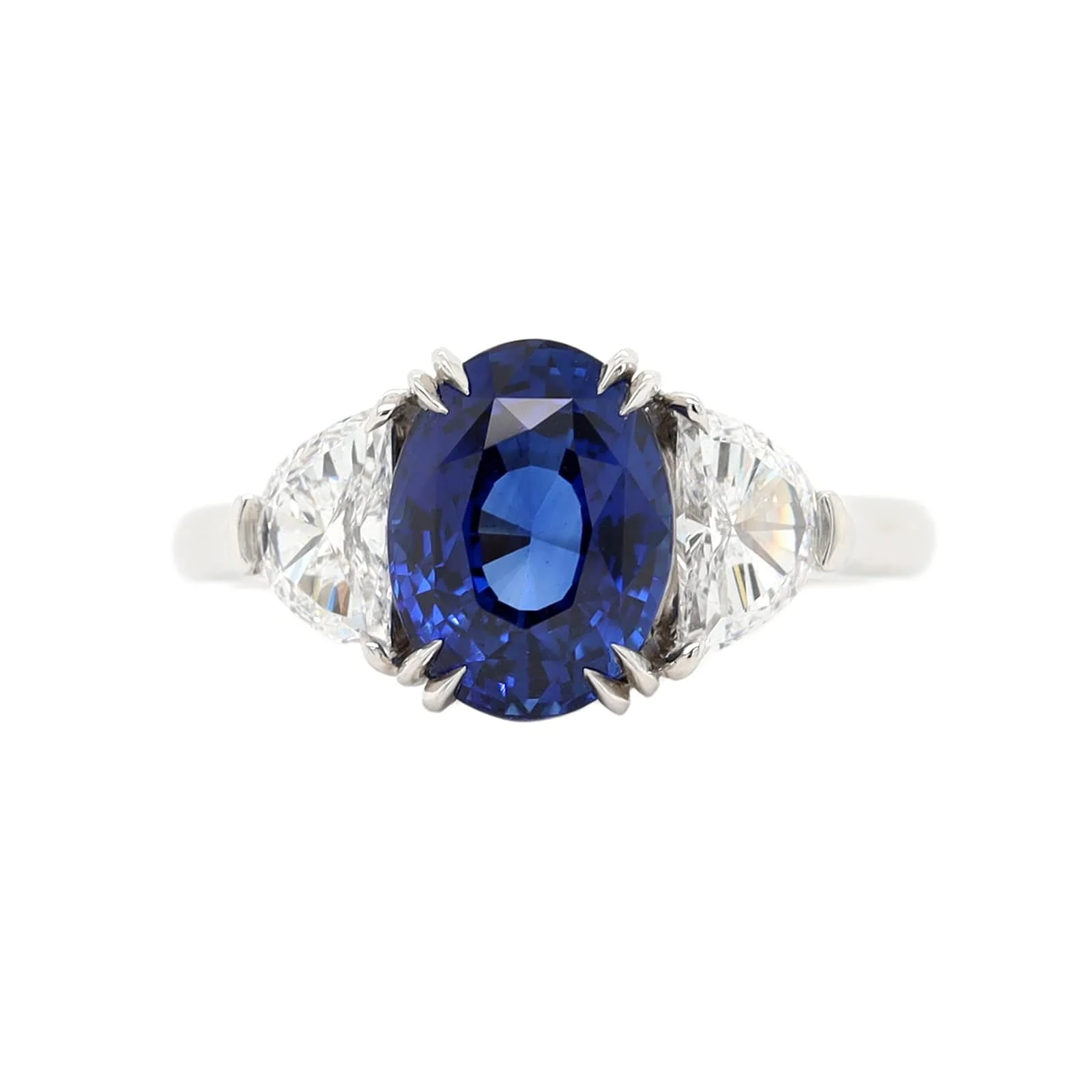 Platinum 3 Stone Oval Blue Sapphire and Diamond Ring - Image 5