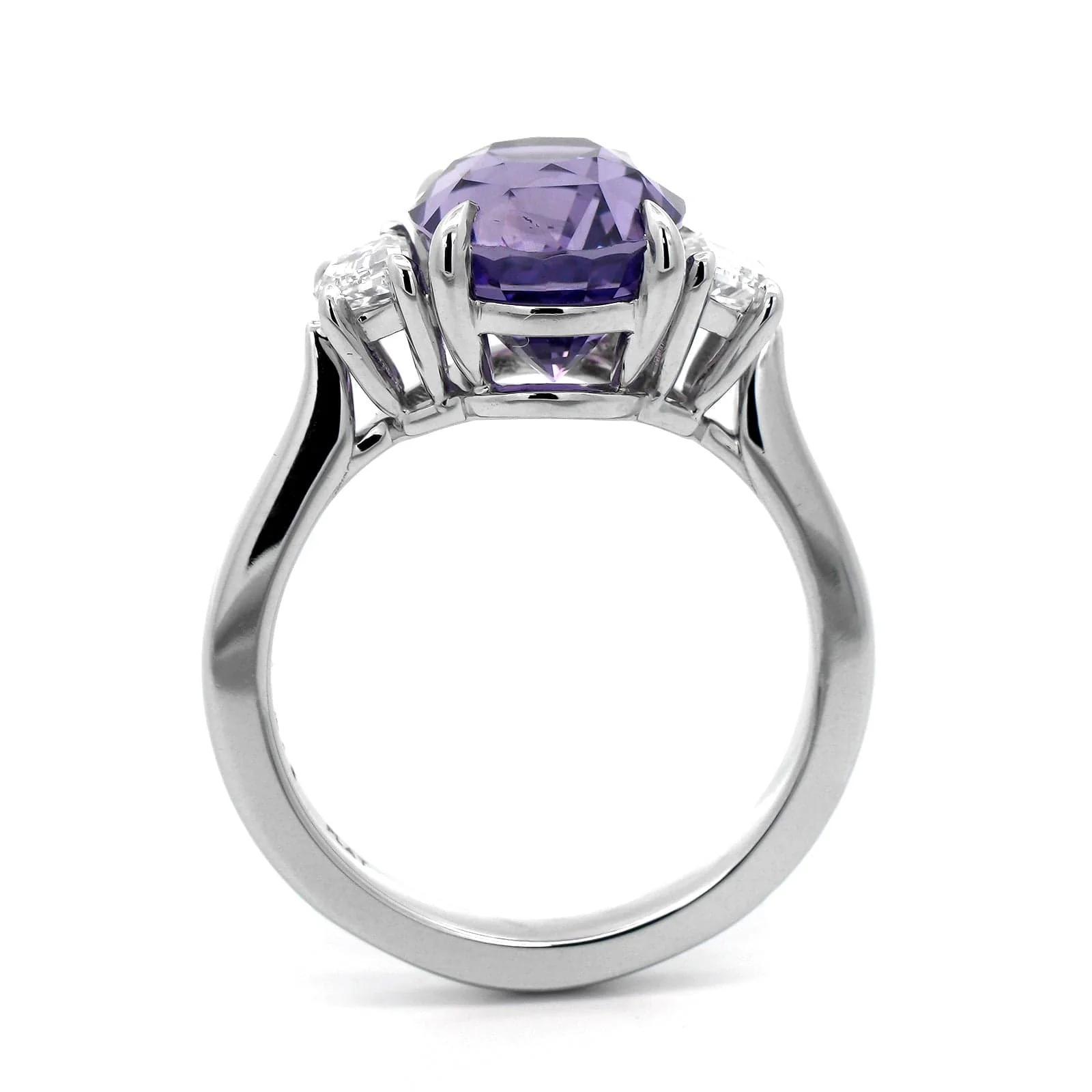 Platinum 3 Stone Oval Purple Sapphire and Cadillac Diamond Ring - Image 3