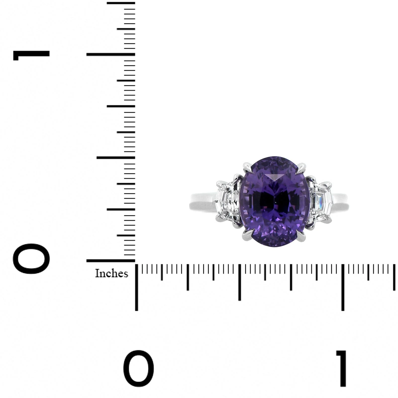 Platinum 3 Stone Oval Purple Sapphire and Cadillac Diamond Ring - Image 4