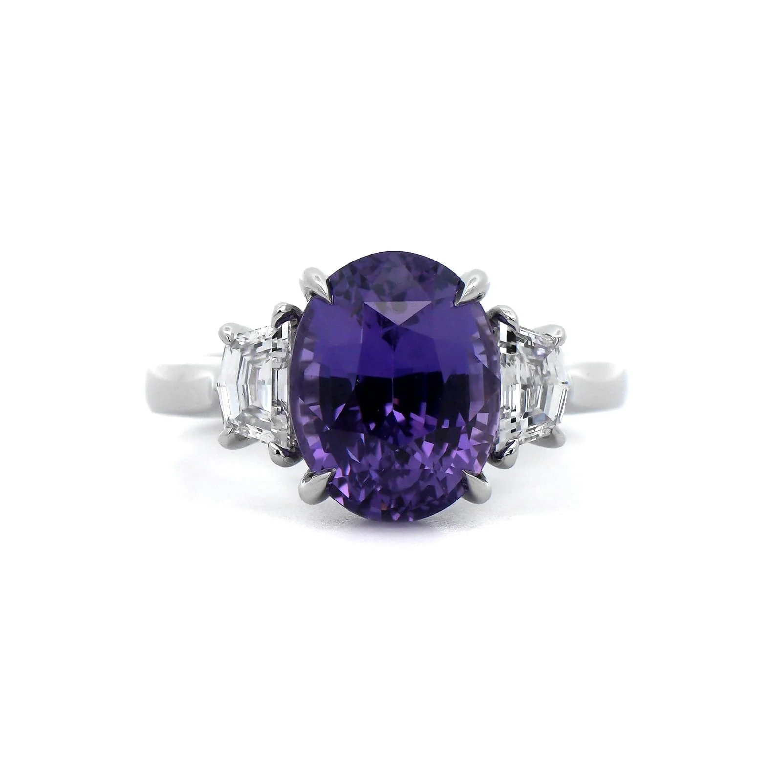Platinum 3 Stone Oval Purple Sapphire and Cadillac Diamond Ring - Image 5