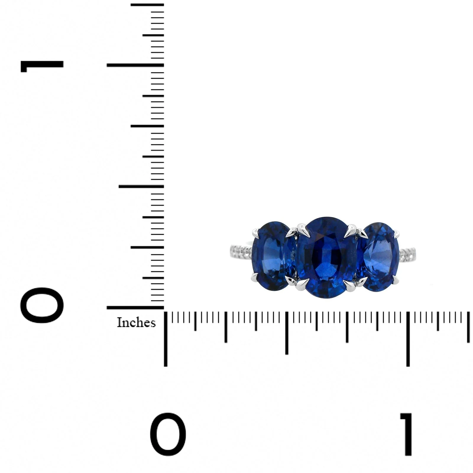 18K White Gold Three Stone Oval Blue Sapphire and Diamond Ring - Image 4