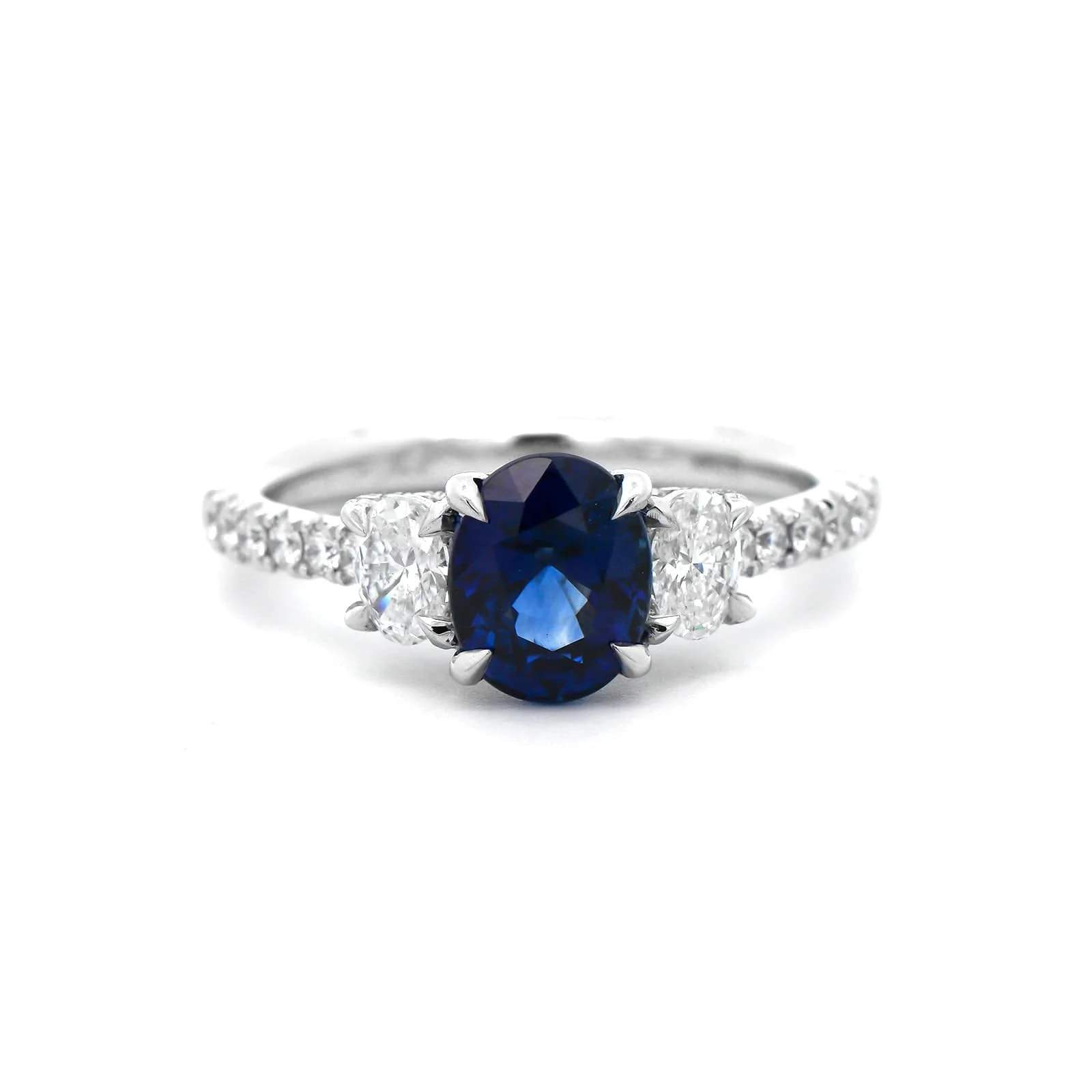 18K White Gold Three Stone Oval Blue Sapphire and Diamond Ring