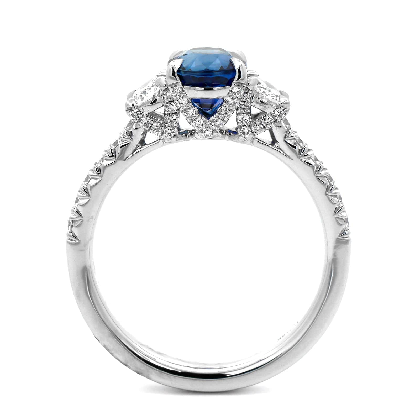 18K White Gold Three Stone Oval Blue Sapphire and Diamond Ring - Image 3