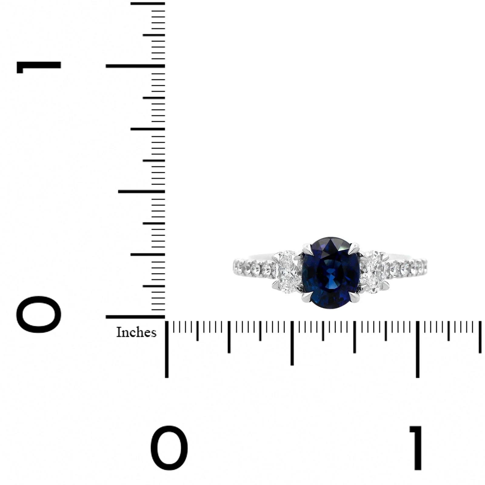 18K White Gold Three Stone Oval Blue Sapphire and Diamond Ring - Image 4