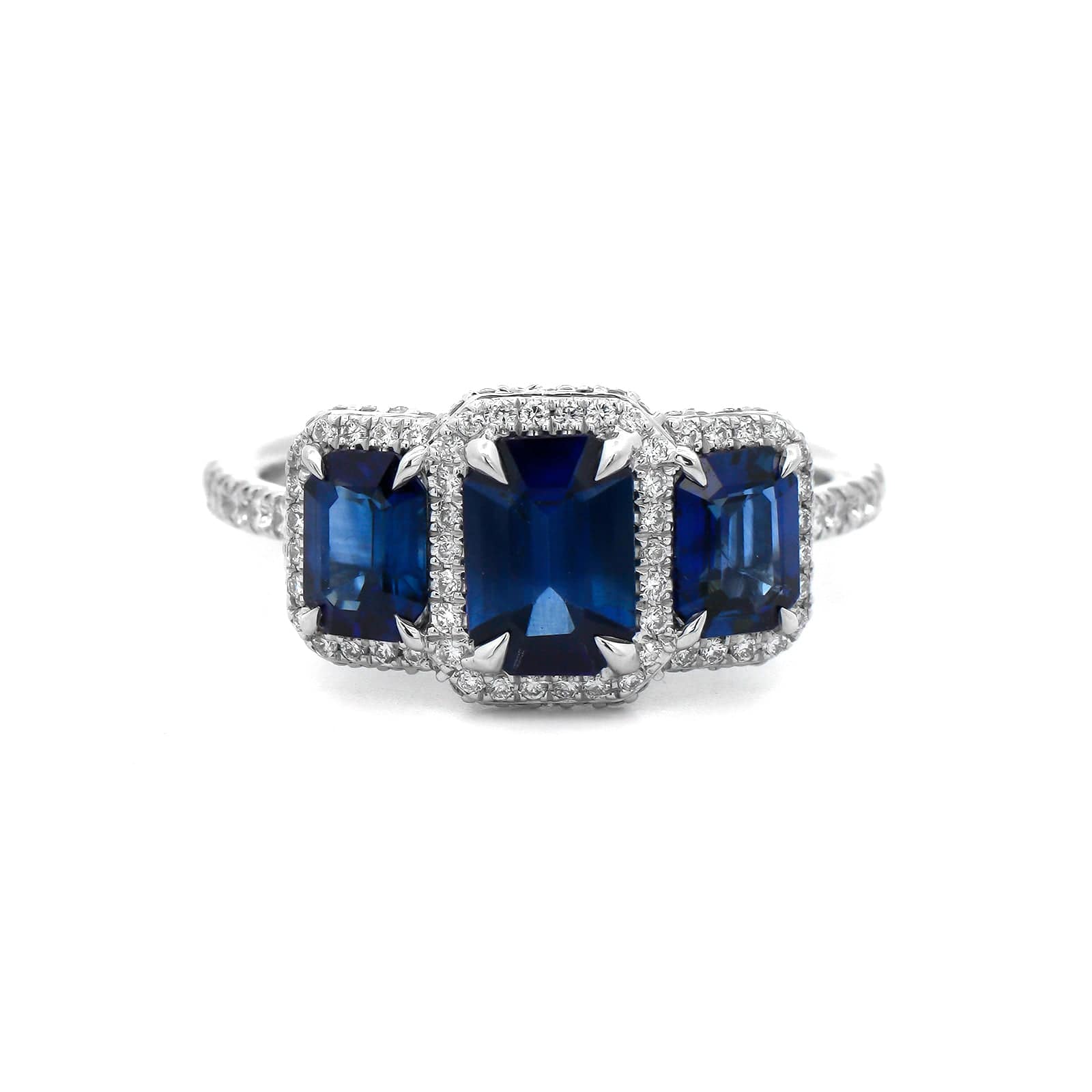 18K White Gold Three Stone Emerald Cut Blue Sapphire and Diamond Ring - Image 5
