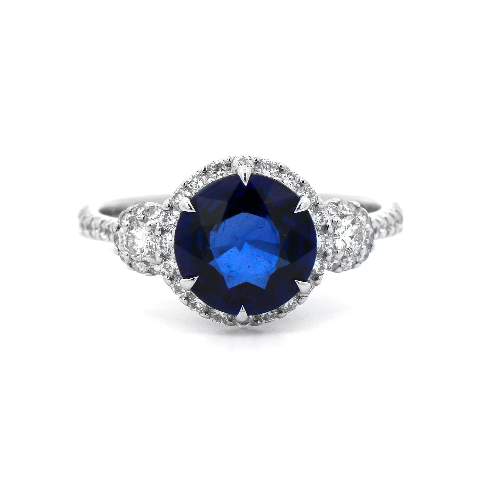18K White Gold Three Stone Round Blue Sapphire and Diamond Ring