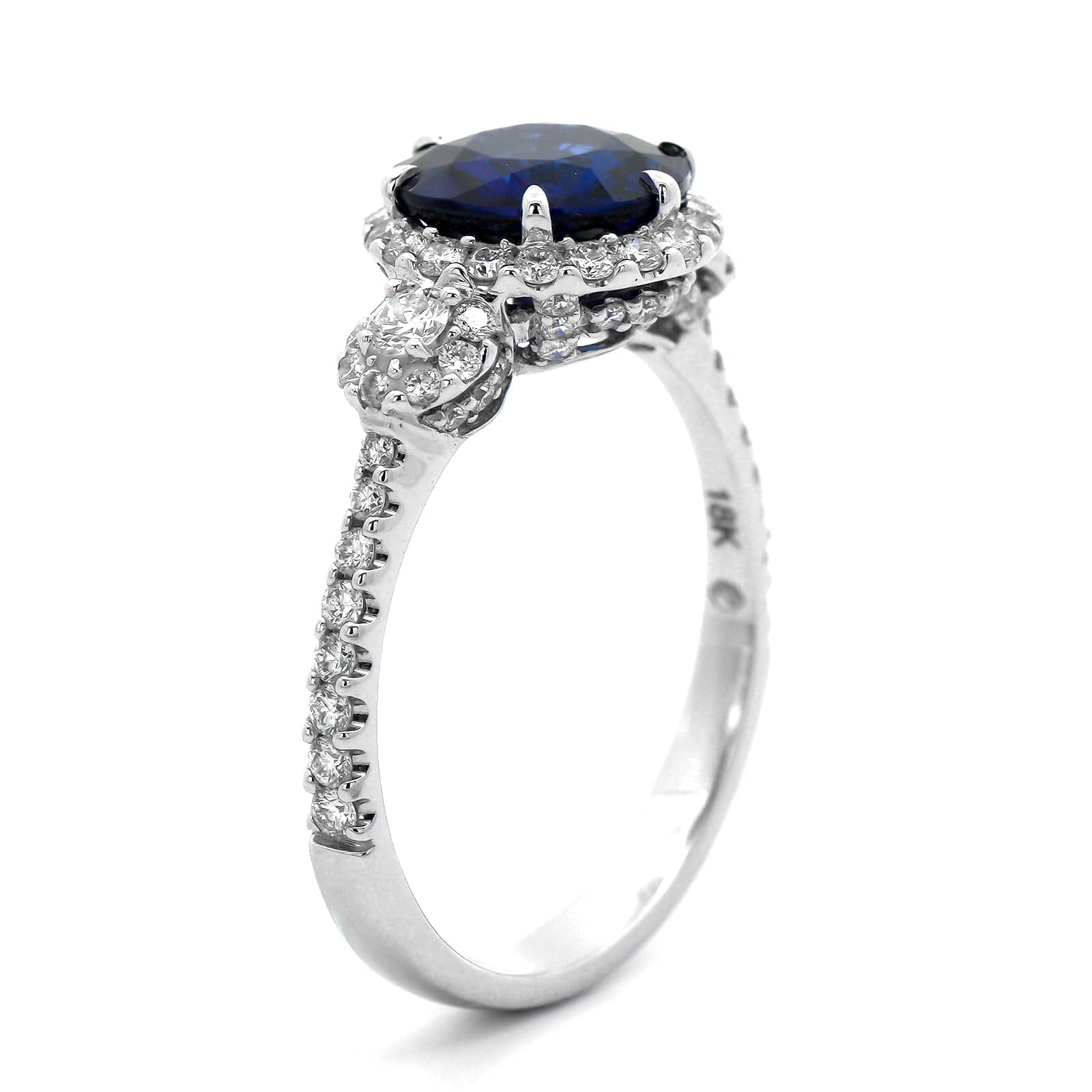18K White Gold Three Stone Round Blue Sapphire and Diamond Ring - Image 2