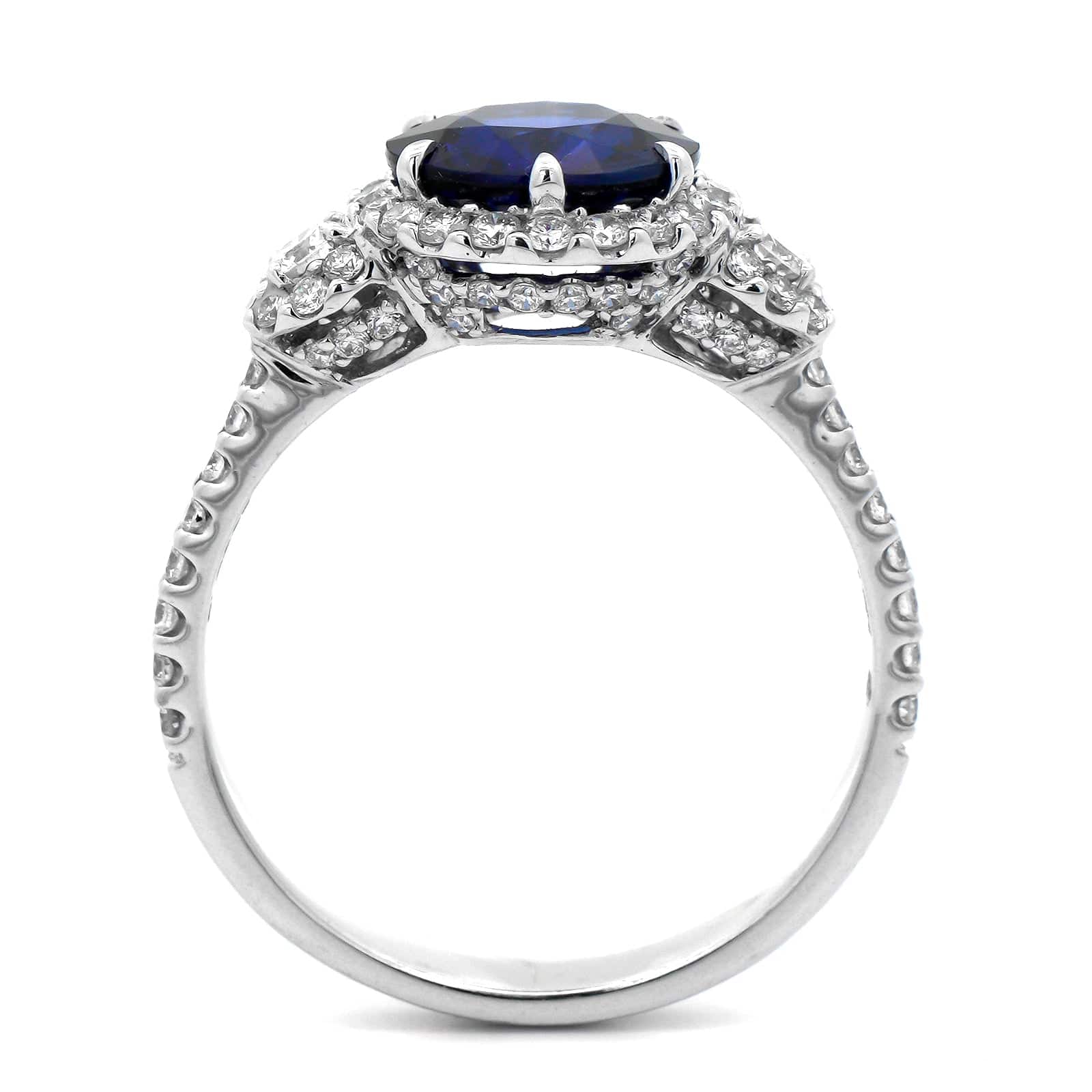 18K White Gold Three Stone Round Blue Sapphire and Diamond Ring - Image 3