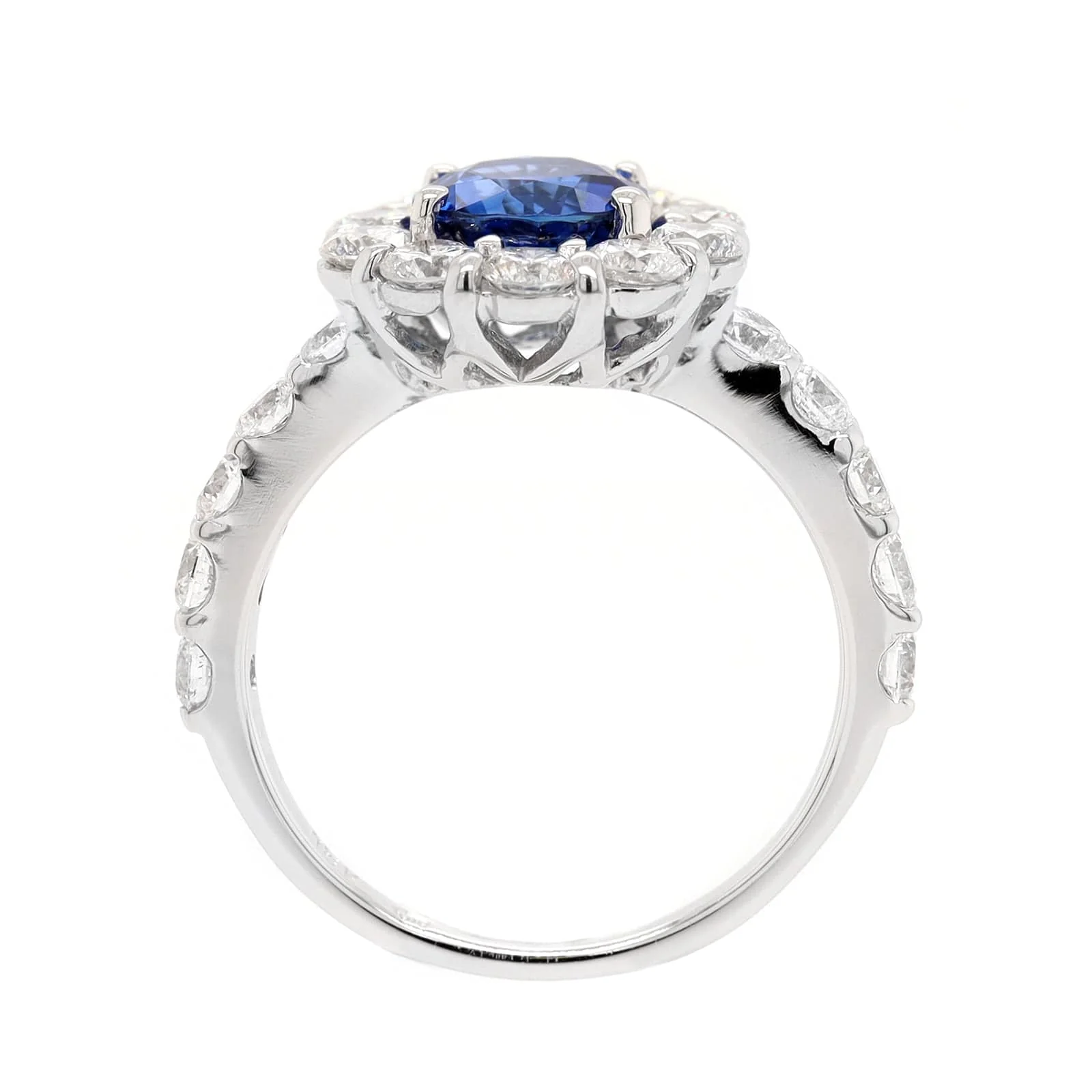 18K White Gold Round Sapphire and Diamond Halo Ring - Image 3