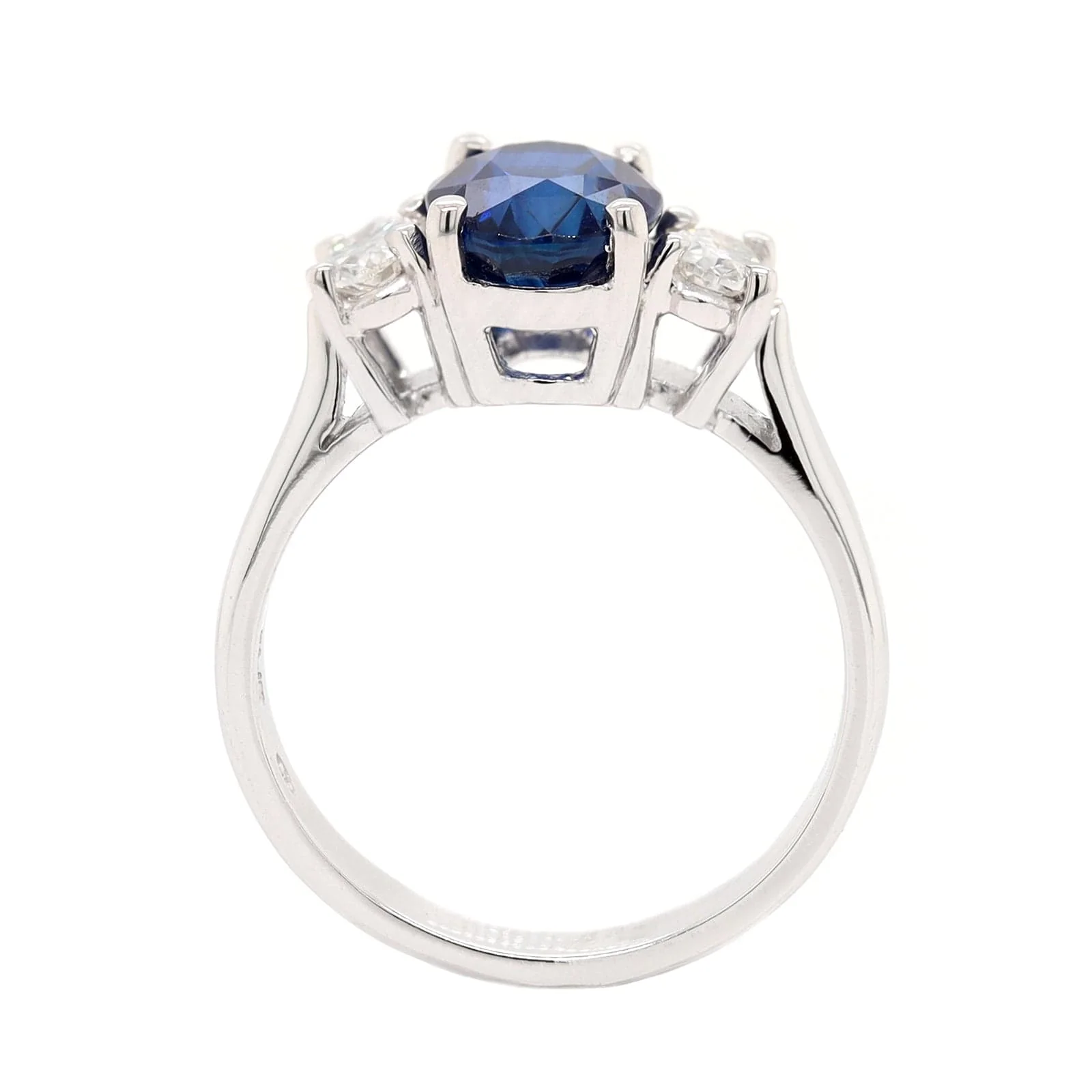 Platinum Three Stone Oval Sapphire and Diamond Ring - Image 3