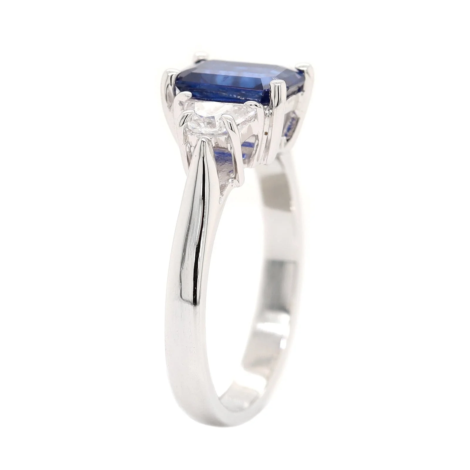 Platinum Three Stone Emerald Cut Sapphire and Diamond Ring - Image 2