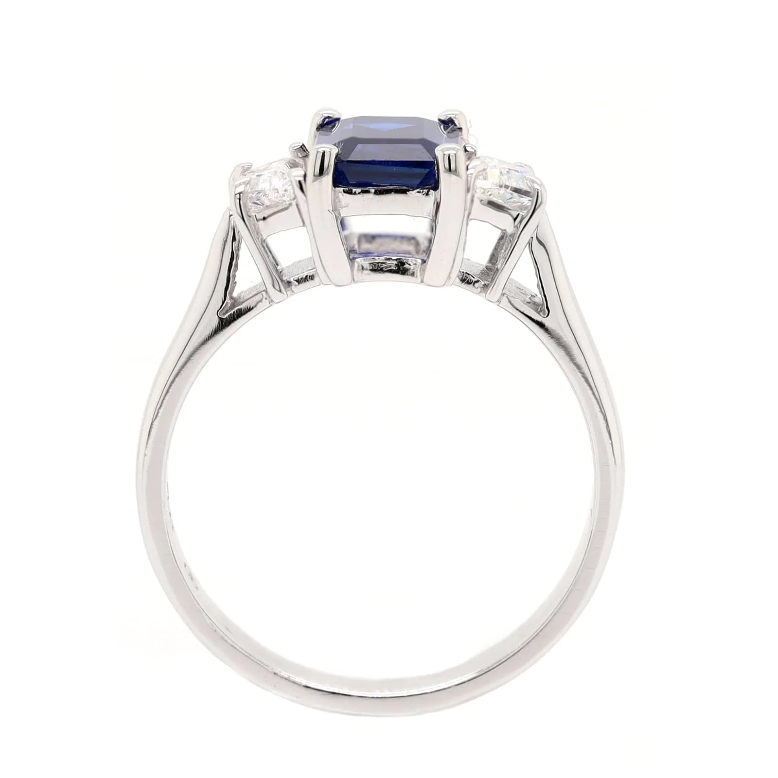 Platinum Three Stone Emerald Cut Sapphire and Diamond Ring - Image 3
