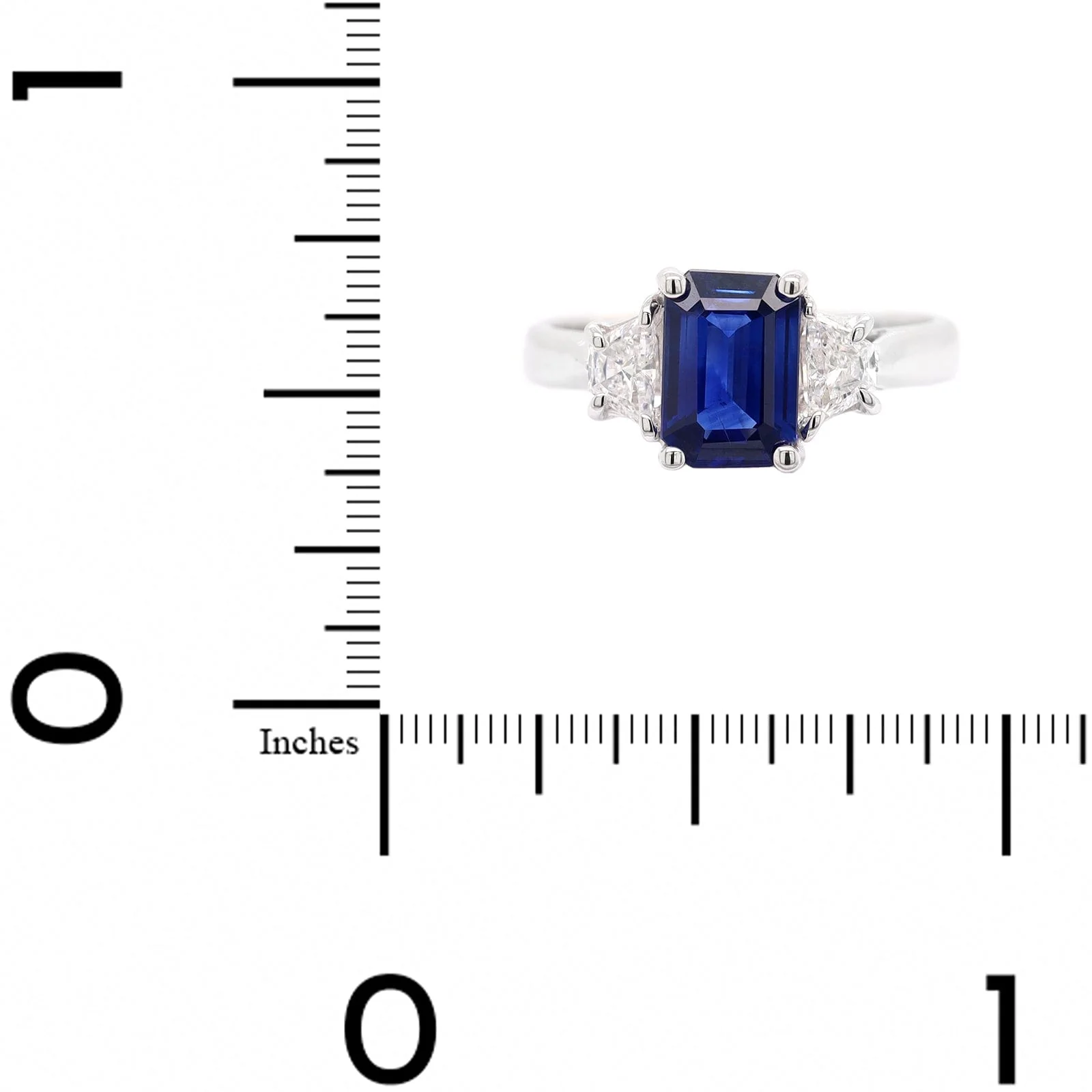 Platinum Three Stone Emerald Cut Sapphire and Diamond Ring - Image 4