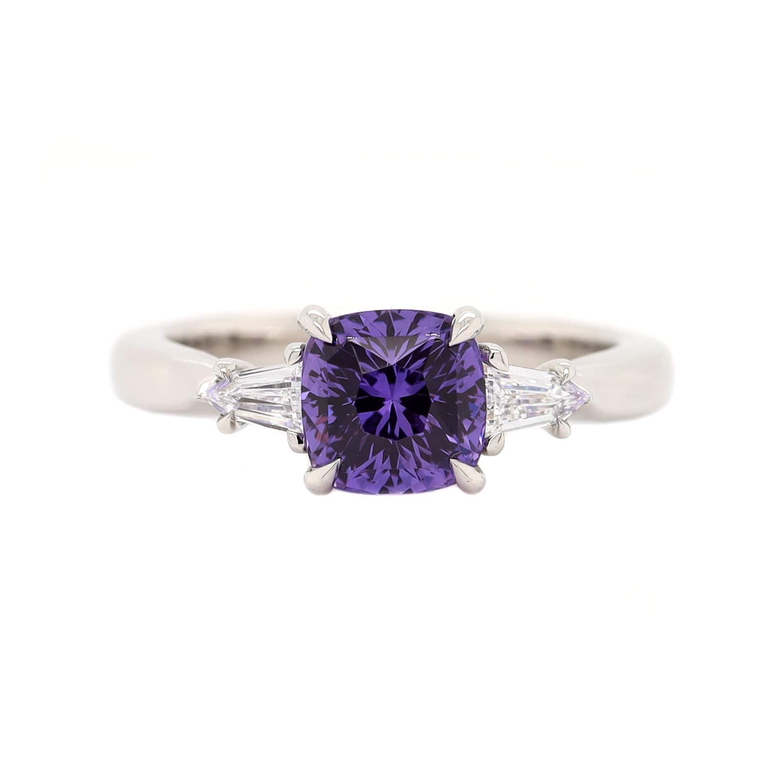 Platinum Three Stone Cushion Cut Purple Sapphire and Diamond Ring