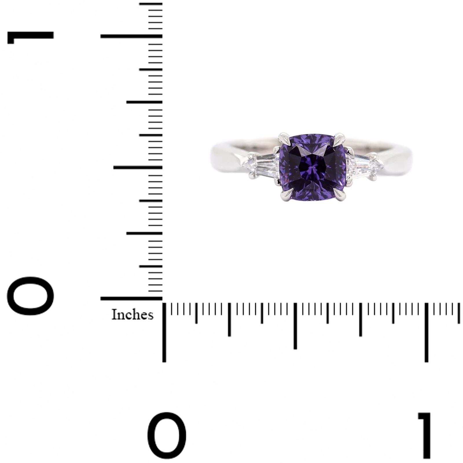 Platinum Three Stone Cushion Cut Purple Sapphire and Diamond Ring - Image 4