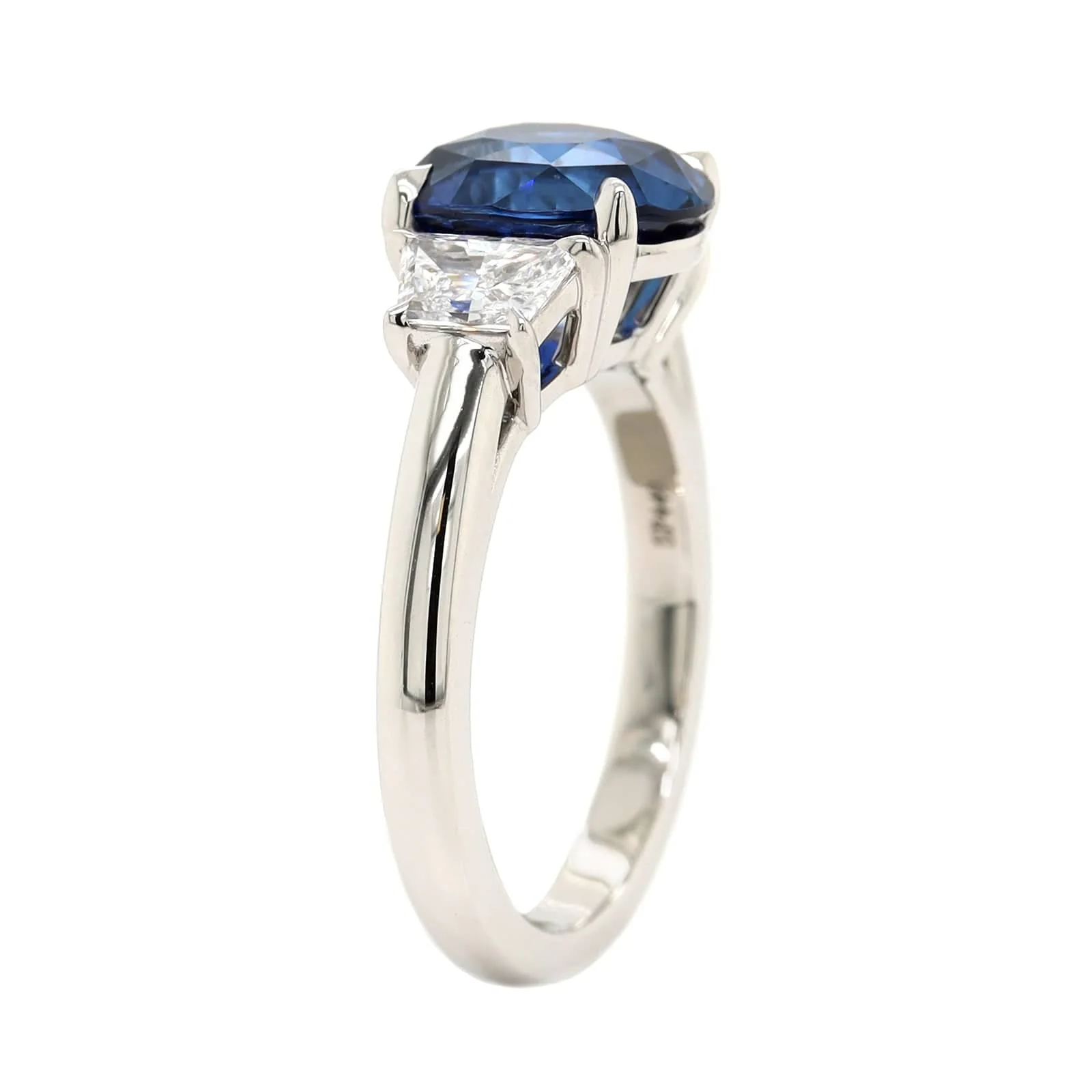 Platinum 3 Stone Oval Sapphire and Trapezoid Diamond Ring - Image 2