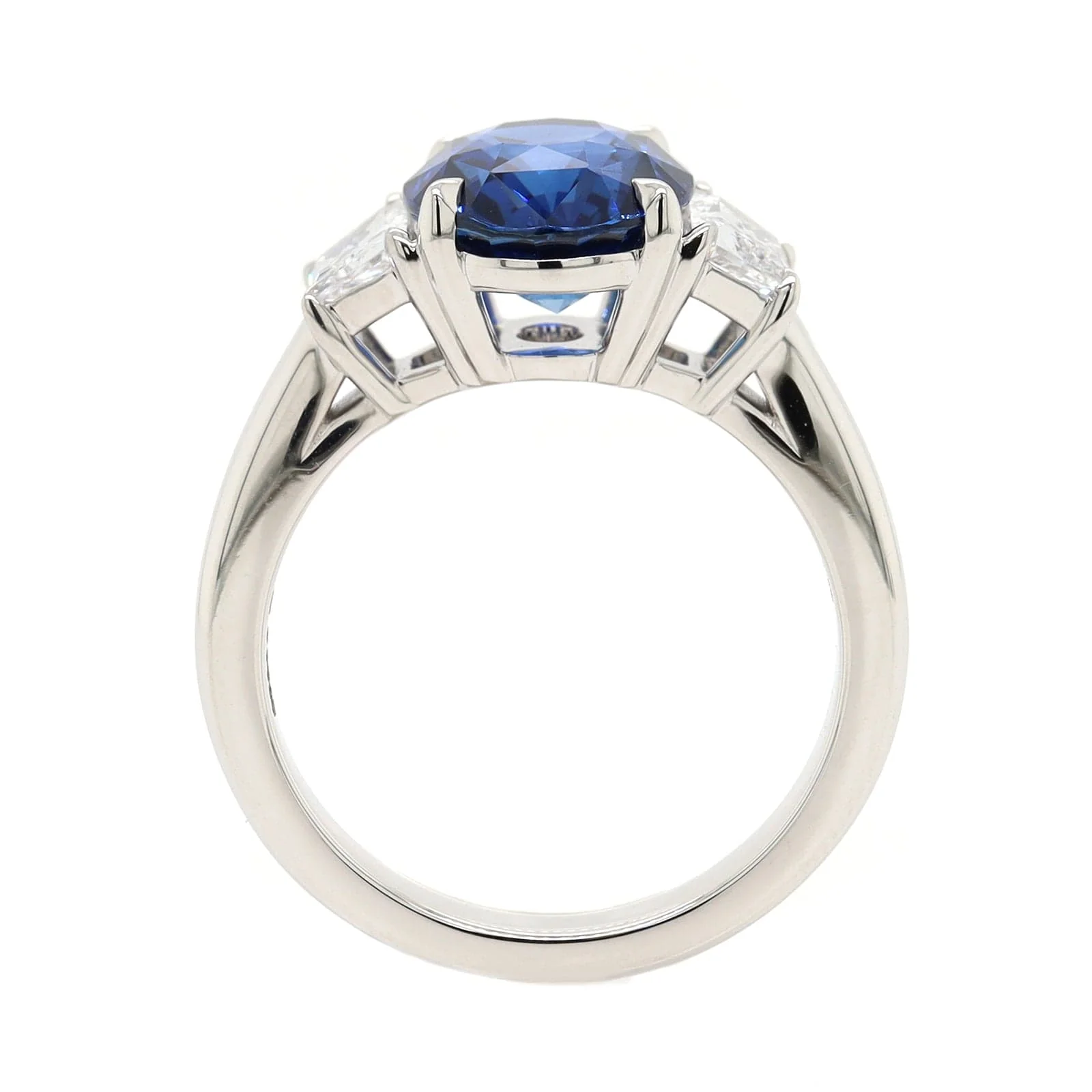 Platinum 3 Stone Oval Sapphire and Trapezoid Diamond Ring - Image 3
