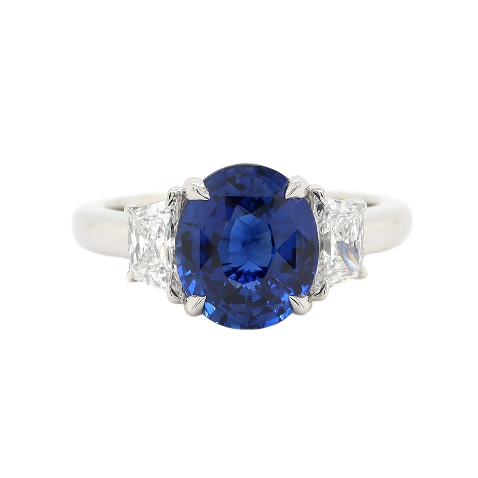 Platinum 3 Stone Oval Sapphire and Trapezoid Diamond Ring - Image 5
