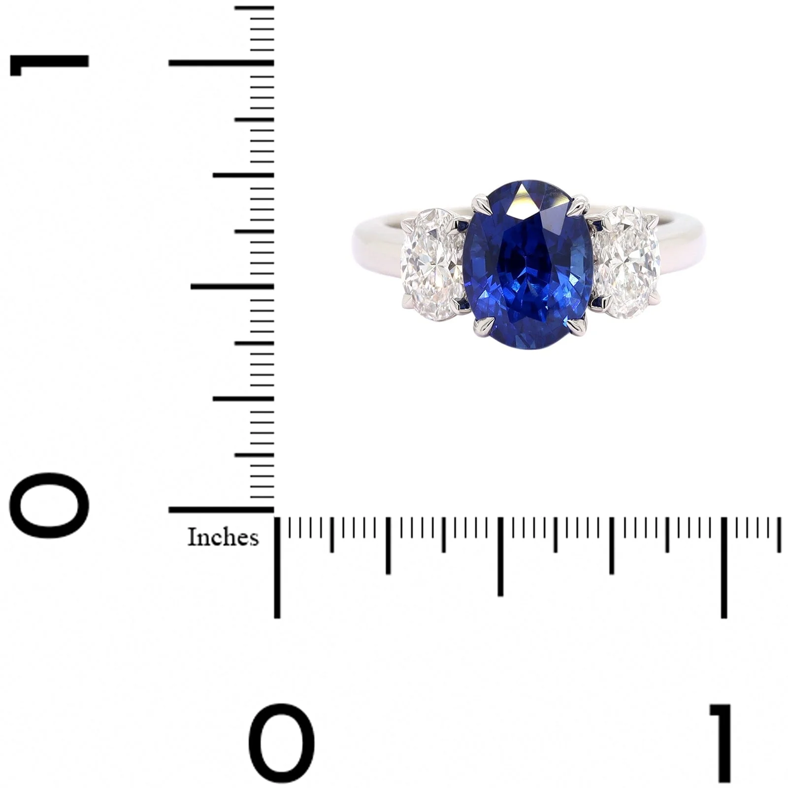 Platinum 3 Stone Oval Sapphire and Diamond Ring - Image 4