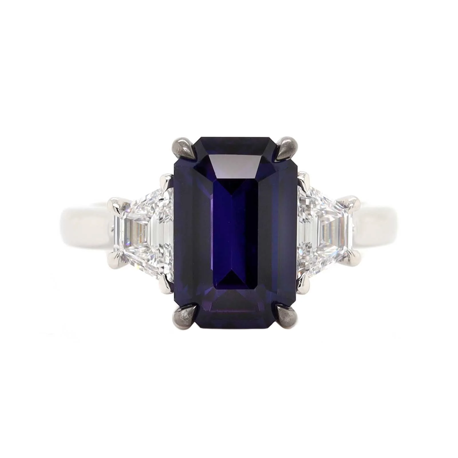 Platinum Three Stone Octagonal Shaped Sapphire and Diamond Ring - Image 5