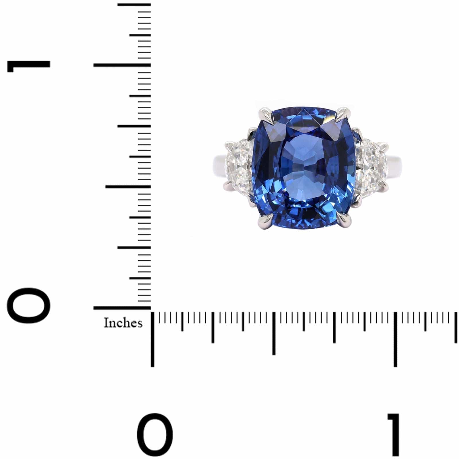 Platinum Three Stone Cushion Shaped Sapphire and Diamond Ring - Image 4