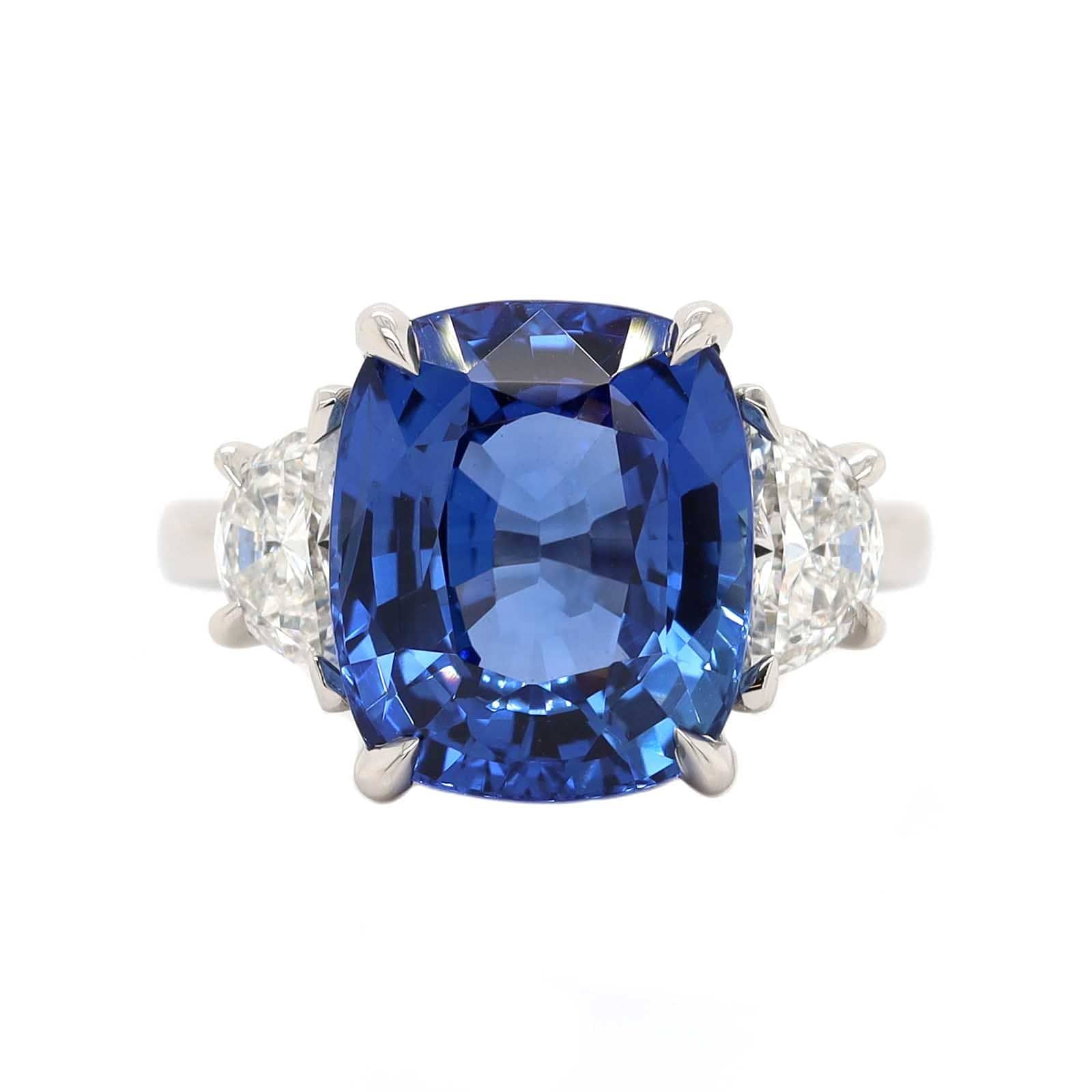 Platinum Three Stone Cushion Shaped Sapphire and Diamond Ring - Image 5