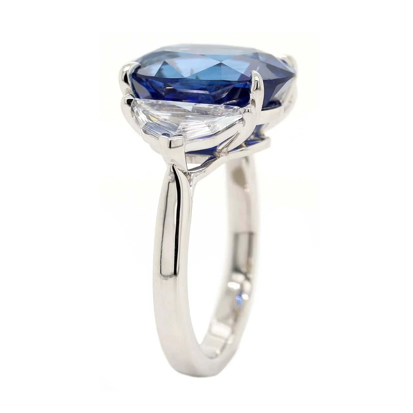 Platinum Three Stone Oval Shaped Sapphire and Diamond Ring - Image 2
