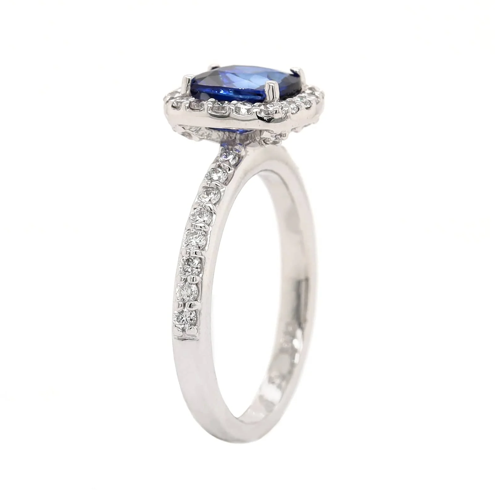 Platinum Cushion Cut Blue Sapphire and Diamond Halo Ring - Image 2