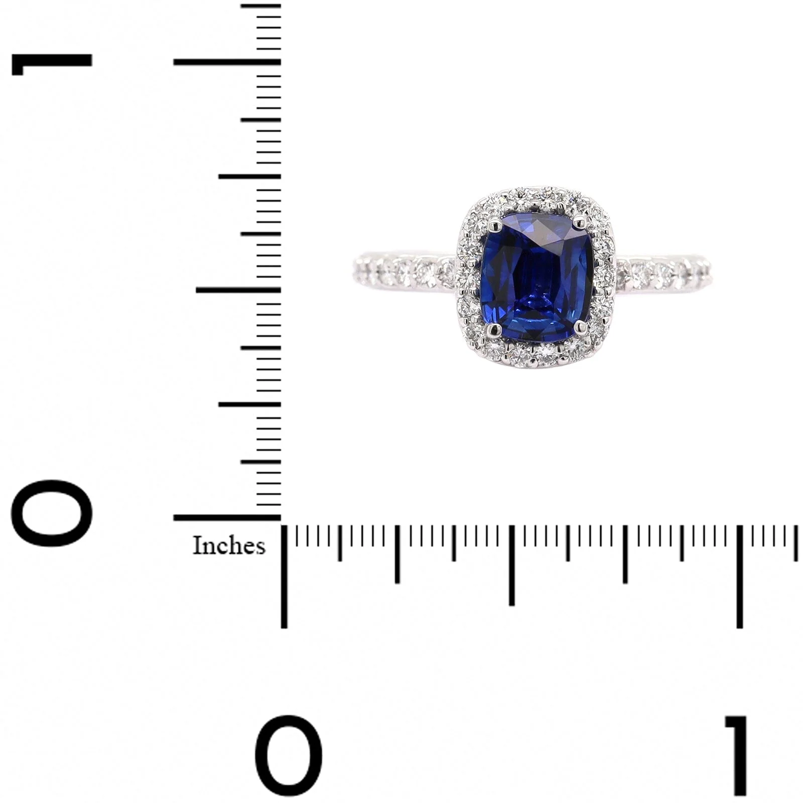 Platinum Cushion Cut Blue Sapphire and Diamond Halo Ring - Image 4