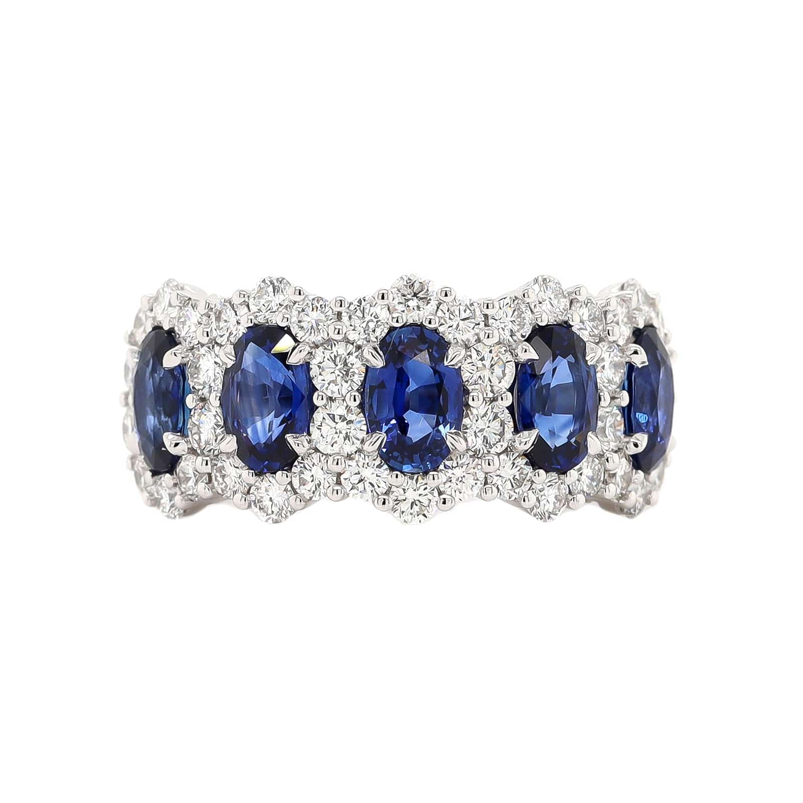 18K White Gold 5 Stone Oval Sapphire and Diamond Halo Ring