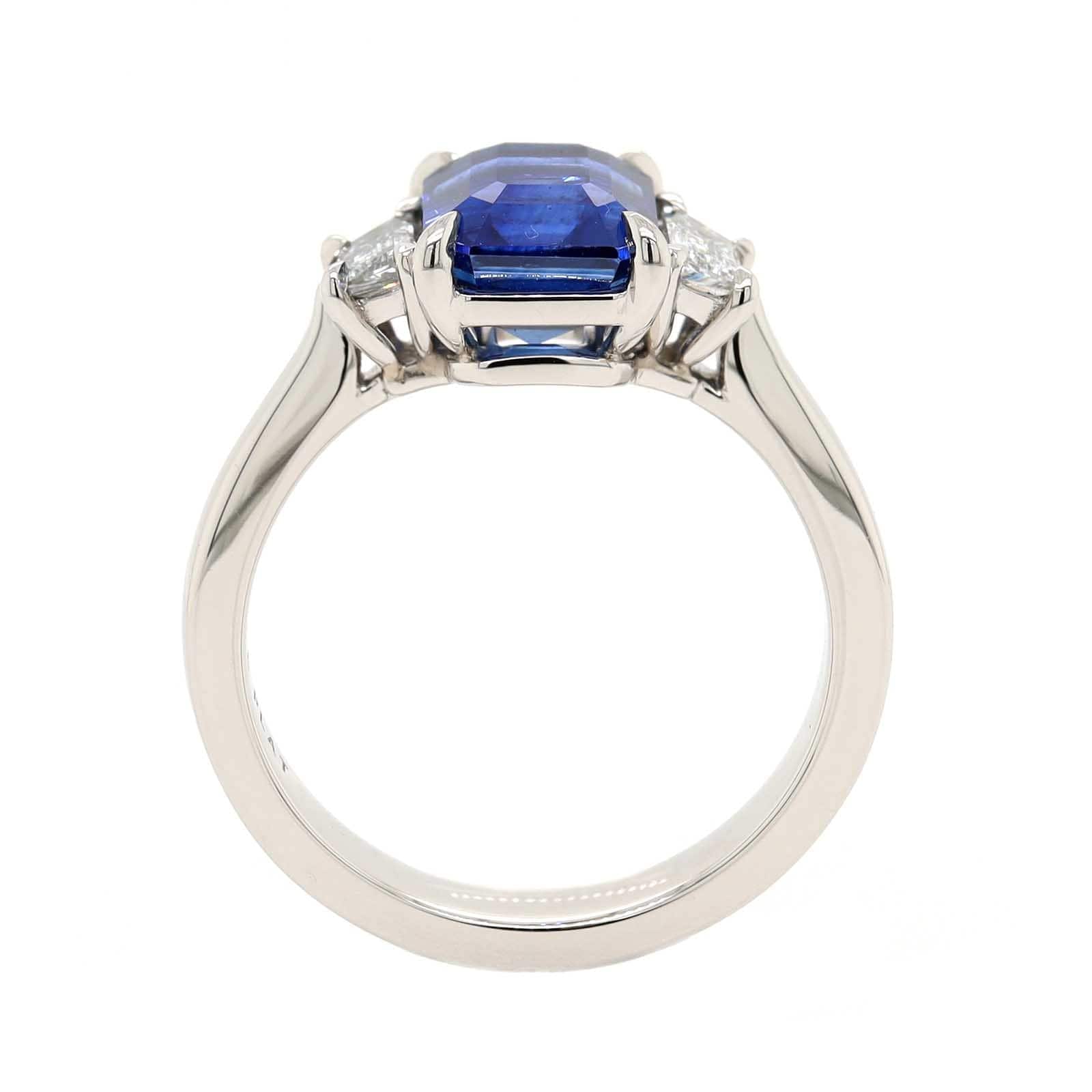 Platinum 3 Stone Emerald Cut Sapphire and Diamond Ring - Image 3