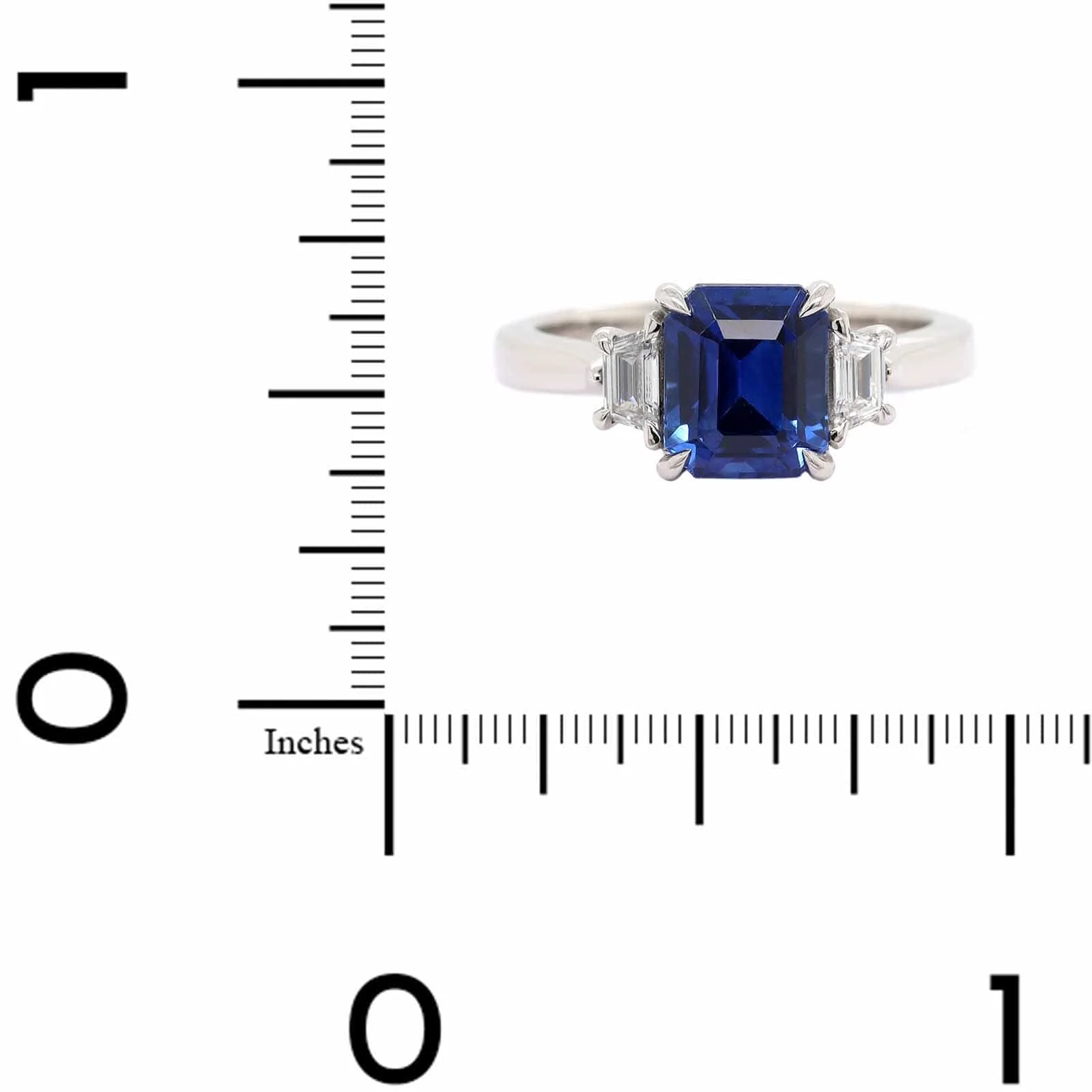 Platinum 3 Stone Emerald Cut Sapphire and Diamond Ring - Image 4