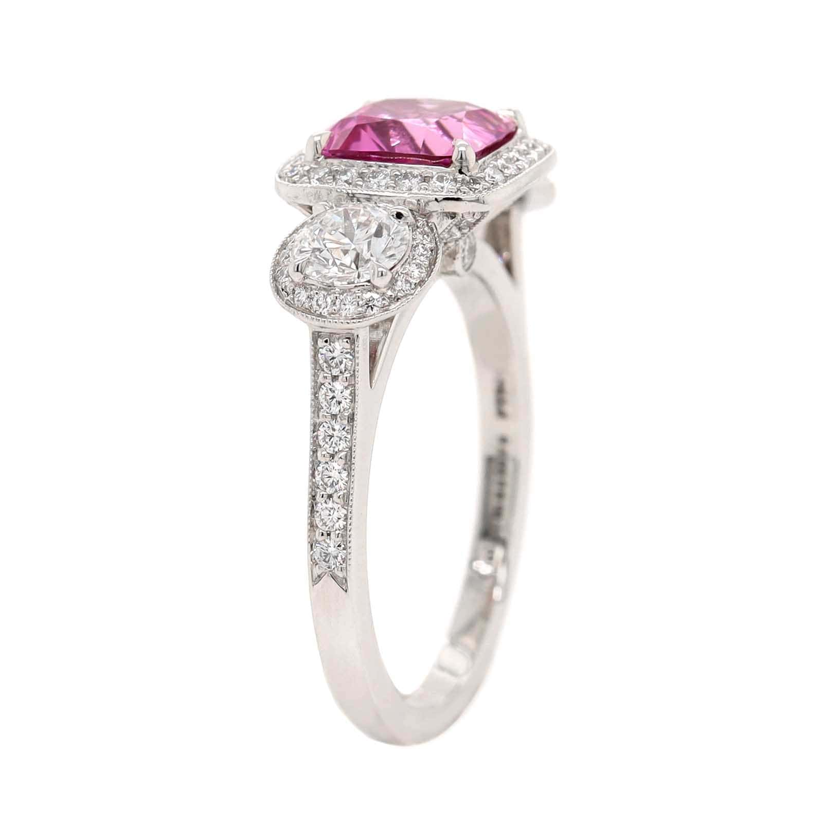 Platinum Three Stone Cushion Shaped Pink Sapphire and Diamond Halo Ring - Image 2