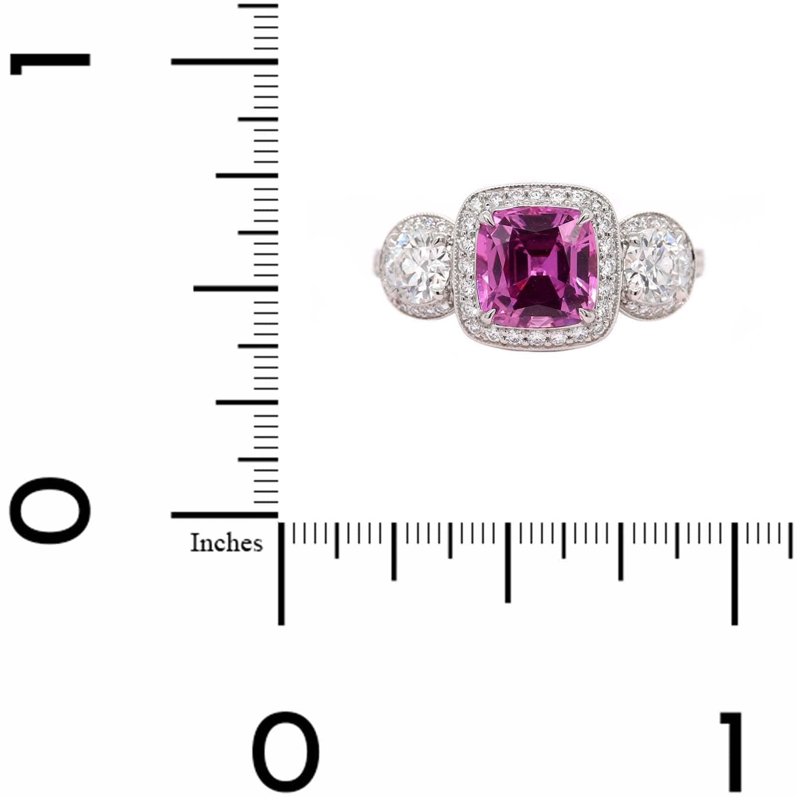 Platinum Three Stone Cushion Shaped Pink Sapphire and Diamond Halo Ring - Image 4