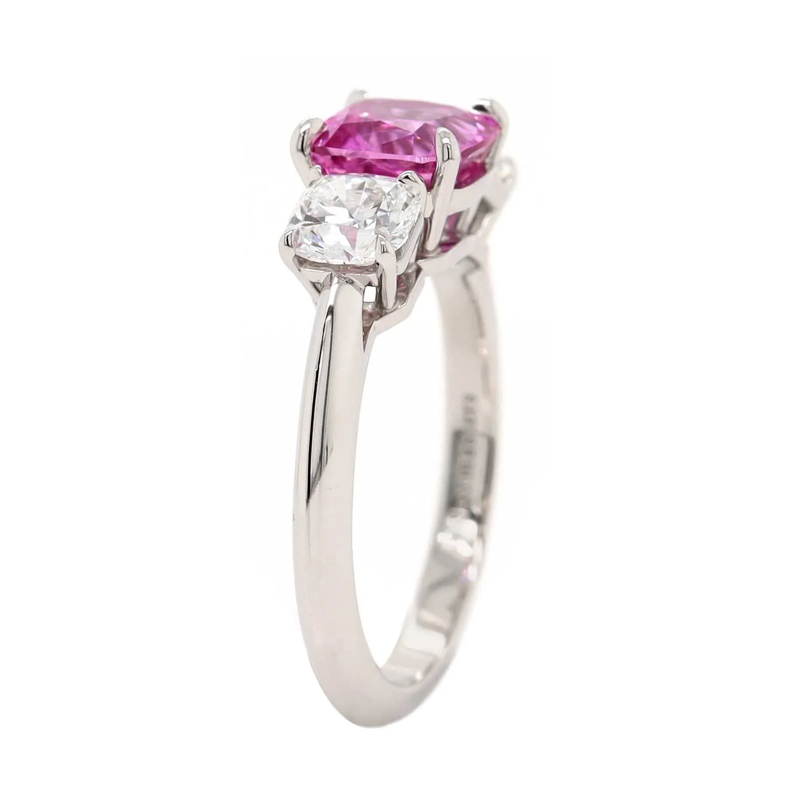 Platinum Three Stone Cushion Shaped Pink Sapphire and Diamond Ring - Image 2