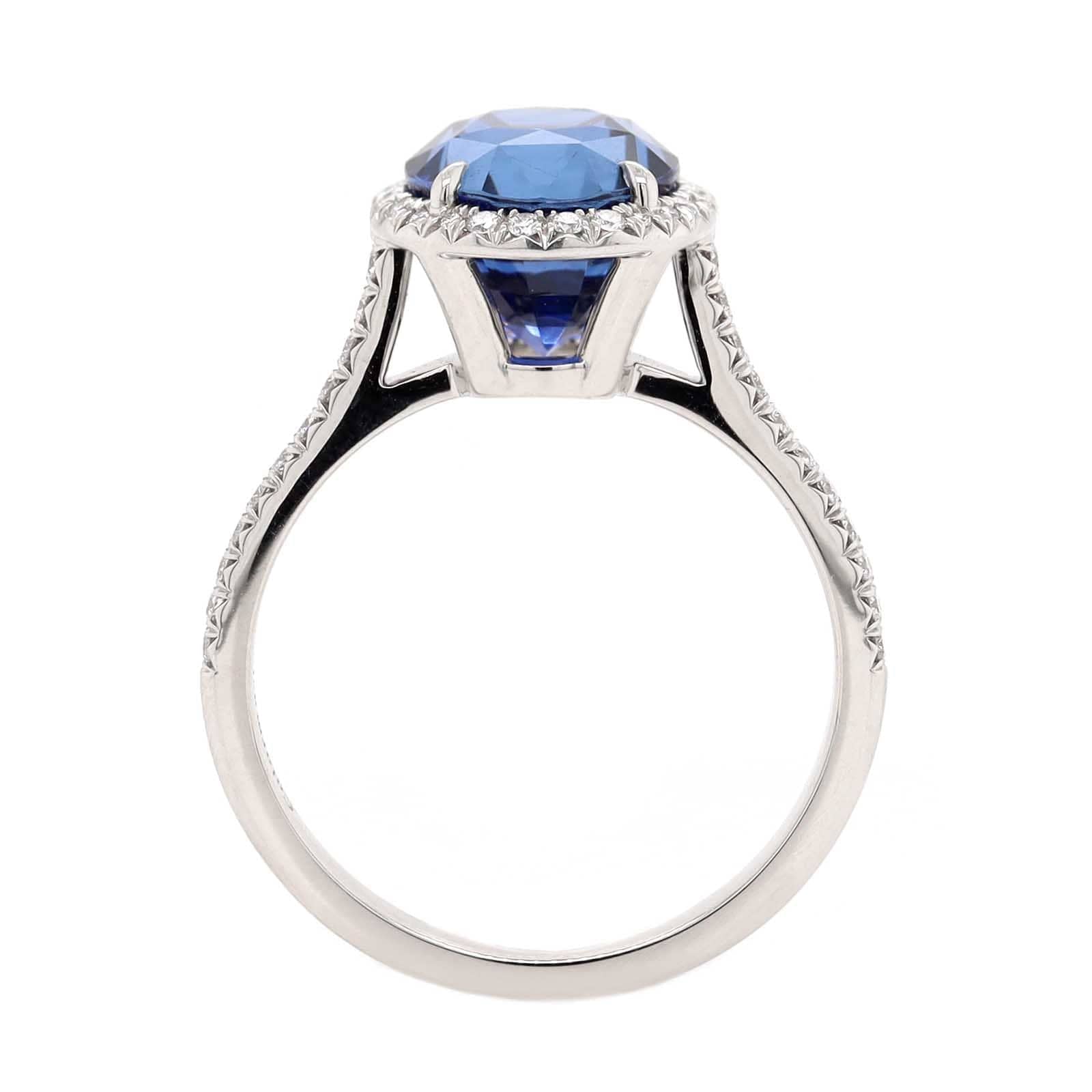 Platinum Oval Blue Sapphire and Diamond Halo Ring - Image 3