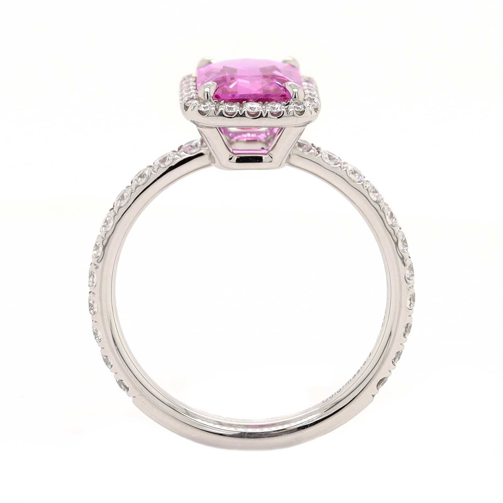 Platinum Emerald Cut Pink Sapphire and Diamond Halo Ring - Image 3
