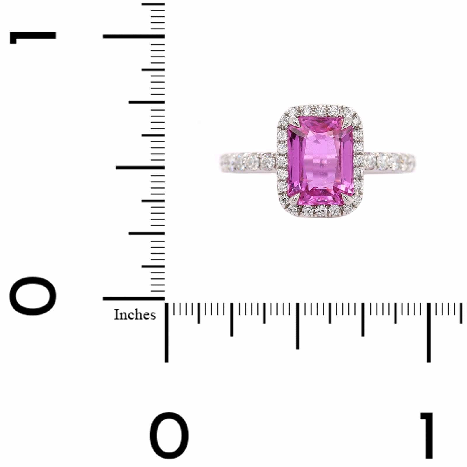 Platinum Emerald Cut Pink Sapphire and Diamond Halo Ring - Image 4